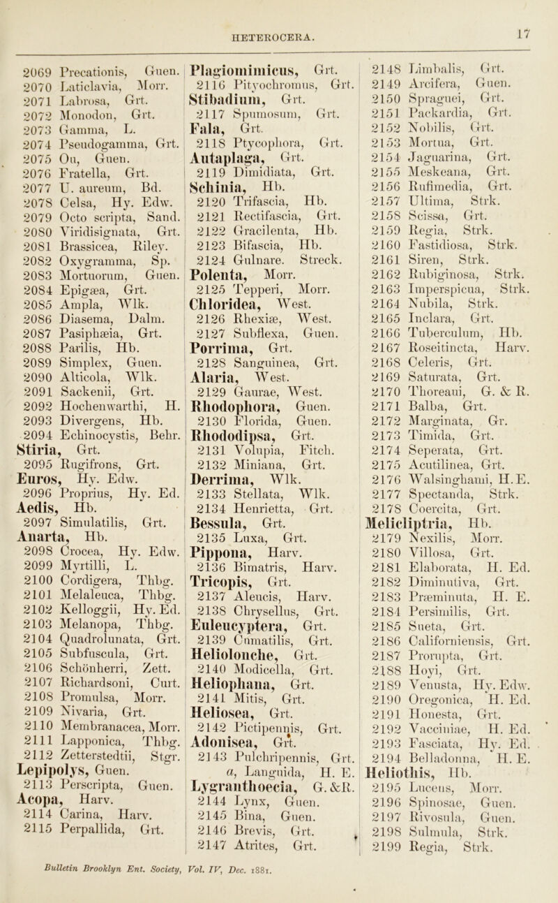 2069 Precationis, Guen. 2070 Laticlavia, 3[oit. 2071 La))rosa, Grt. 2072 Monodon, Grt. 2073 Gamma, L. 2074 Pseudogamma, Grt. 2075 Ou, Gueu. 2076 Pratella, Grt. 2077 U. aureurn, Bd. 2078 Celsa, Hy. Edw. 2079 Octo scripta. Sand. 2080 Viridisignata, Grt. 2081 Brassicea, Riley. 2082 Oxygramma, Sp. 2083 Mortuorum, Guen. 2084 Epigaea, Grt. 2085 Ampla, Wlk. 2086 Diasema, Dalm. 2087 Pasipliaeia, Grt. 2088 Parilis, Hb. 2089 Simplex, Guen. 2090 Alticola, Wlk. 2091 Sackenii, Grt. 2092 Hoclienwartlii, H. 2093 Divergens, Hb. 2094 Ecbinocystis, Behr. Stiria, Grt. 2095 Rugifrons, Grt. Euros, Hy. Edw. 2096 Proprius, Hy. Ed. Aedis, Hb. 2097 Simidatilis, Grt. Auarta, Hb. 2098 Crocea, Hy. Edw. 2099 Myrtilli, L. 2100 Cordigera, Thbg. 2101 Melaleuca, Thbg. 2102 Kelloggii, Hy. Ed. 2103 Melanopa, Thbg. 2104 Quadrolunata, Grt. 2105 Subfuscula, Grt. 2106 Schonherri, Zett. 2107 Richardsoni. Curt. 2108 Promulsa, Morr. 2109 Nivaria, Grt. 2110 Membranacea, Morr. 2111 Lapponica, Thbg. 2112 Zetterstedtii, Stgr. Lepipolys, Guen. 2113 Perscripta, Guen. Acopa, Harv. 2114 Carina, Harv. 2115 Perpallida, Grt. Bulletin Brooklyn Ent. Society, Plagiomiluicus, Grt. 2116 Pityochromus, GrL Stibadiiim, Grt. 2117 Spumosum, Grt. Fala, Grt 2118 Ptycophora, Grt. Autaplaga, Grt. i 2119 Dimidiata, Grt. Scliiiiia, HR ; 2120 Trifascia, Hb. ' 2121 Rectifascia, Grt. 2122 Gracilenta, Hb. I 2123 Bifascia, Hb. ' 2124 Gulnare. Streck. Polenta, Morr. 2125 Tepperi, Morr. Chloridea, West. I 2126 Rhexise, West. ’ 2127 Subdexa, Guen. Porriiiia, Grt. ! 2128 Sanguinea, Grt. Alaria, W est. I 2129 Gaurae, West. Rliodopliora, Guen. I 2130 Florida, Guen. I Rliododipsa, Grt. 2131 Volupia, Fitch. 2132 Miniana, Grt. Derrima, Wlk. I 2133 Stellata, Wlk. ! 2134 Henrietta, Grt. Bessula, Grt. I 2135 Luxa, Grt. Pippona, Harv. 2136 Bimatris, Harv. Tricopis, Grt. ' 2137 Aleucis, Harv. i 2138 Chrysellus, Grt. Euleucyptera, Grt. 2139 Cumatilis, Grt. Helioloiiclie, Grt. 2140 Modicella, Grt. Heliopliaiia, Grt. ^ 2141 Mitis, Grt. Heliosea, Grt. 2142 Pictipennis, Grt. Adoiiisea, Grt. 2143 Pulchripennis, Grt. a, Languida, H. E. Lygraiitlioecia, G. &R. 2144 Lynx, Guen. i 2145 Bina, Guen. I 2146 Brevis, Grt. ; 2147 Atrites, Grt. Vol, IV, Dec. i88i. 2148 Limbalis, Grt. 2149 Arcifera, Guen. 2150 Spraguei, Grt. 215] Packardia, Grt. 2152 Nobilis, Grt. 2153 Mortua, Grt. 2154 Jaguarina, Grt. 2155 Meskeana, Grt. 2156 Rufimedia, Grt. 2157 Ultima, Strk. 2158 Sciss^i, Grt. 2159 Regia, Strk. 2160 Eastidiosa, Strk. 2161 Siren, Strk. 2162 Rubiginosa, Strk. 2163 Imperspicua, Strk. 2164 Nubila, Strk. 2165 Inclara, Grt. 2166 Tuberculurn, Hb. 2167 Roseitincta, Harv. 2168 Celeris, Grt. 2169 Saturata, Grt. 2170 Thoreaui, G. & R. 2171 Baiba, Grt. 2172 M argi n ata, Gr. 2173 Timida, Grt. 2174 Seperata, Grt. 2175 Acutilinea, Grt. 2176 Walsinghami, H.E. 2177 Spectanda, Strk. 2178 Coercita, Grt. Melicliptria, Hb. 2179 Nexilis, Morr. 2180 Villosa, Grt. 2181 Elaborata, H. Ed. 2182 Diminutiva, Grt. 2183 Prseminuta, H. E. 2184 Persimilis, Grt. 2185 Sueta, Grt. 2186 Californiensis, Grt. 2187 Prorupta, Grt. 2188 Hoyi, Grt. 2189 Venusta, Hy. Edw. , 2190 Oregonica, H. Ed. ! 2191 Honesta, Grt. 2192 Vacciniae, H. Ed. 2193 Fasciata, Hy. Ed. 2194 Belladonna, H.E. Heliotliis, Hb. 2195 Luce ns, Morr. 2196 Spinosae, Guen. 2197 Rivosula, Guen. 2198 Sulmula, Strk. 2199 Regia, Strk.