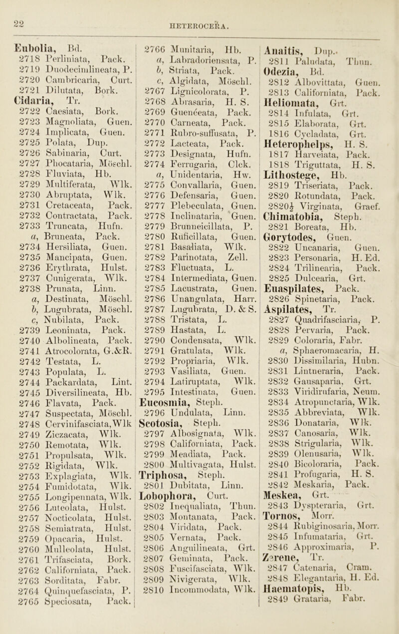 Kubolia, Bd. 2718 Perliniata, Pack. 2719 Duodecimliiieata, P. 2720 Cambricaria, Curt. 2721 D i 1 utat a, B ork. Cidaria, Ti. 2722 Caesiata, Bork. 2723 Magnoliata, Guen. 2724 Implicata, Gueii. 2725 Polata, Diip. 2726 Sabiaariaj Curt. | 2727 Phocataria, Moscbl. j 2728 Pluviata, Hb. 2729 Multiferata, Wlk. : 2730 Abruptata, Wlk. | 2731 Cretaceata, Pack. ; 2732 Contractata, Pack. ; 2733 Tmncata, Hiifn. a, Bruneata, Pack. 2734 Hersiliata, Gueii. ! 2735 Mancipata, Gueu. ! 2736 Erytlirata, Hulst. i 2737 Cunigerata, Wlk. : 2738 Prunata, Linn. a, Destinata, Mosclil. i Lugubrata^ Moscbl. | c, Nubilata, Pack. 2739 Leoninata, Pack. ' 2740 Albolineata, Pack. 2741 Atrocolorata, G.&R. , 2742 Testata, L. | 2743 Populata, L. 2744 Packardata, Lint. 2745 Diversilineata, Hb. : 2746 Flavata, Pack. 2747 Suspectata, Moscbl. 2748 Oervinifasciata,Wlk 2749 Ziczacata, Wlk. | 2750 Remotata, Wlk. | 2751 Propulsata, Wlk. | 2752 Rigidataj Wlk. 2753 Explagiata, Wlk. 2754 Eumidotata, Wlk. 2755 Longipennata, Wlk. : 2756 Luteolata, Hulst. 2757 Nocticolata, Hulst. 2758 Semiatrata, Hulst. 2759 Opacaria, Hulst. i 2760 Mullcolata, Hulst. 2761 Trifasciata, Bork. 2762 Californiata, Pack. ' 2763 Sorditata, Eabr. 2764 Quiuqucfasciata, P. 2765 bpeciosata, I’ack. HETEROCERA. 2766 Munitaria, Hb. a, Labradoriensata, P. b, Striata, Pack. c, Algidata, Moscbl. ; 2767 Lignicolorata, P. 2768 Abrasaria, H. S. | 2769 Gueneeata, Pack. | 2770 Carneata, Pack. 2771 Rubro-suflusata, P. 2772 Lacteata, Pack. 2773 Designata, Hufn. i 2774 Eerrugaria, Clck. i Unidentaria, H w. I 2775 Oonvallaria, Guen. ' 2776 Defensaria, Guen. 2777 Plebeculata, Guen. | 2778 Inclinataria, Guen. 2779 Brunneicillata, P. : 2780 Ruficillata, Guen. ; 2781 Basaliata, Wlk. 2782 Parinotata, Zell, i 2783 Eluctuata, L. ; 2784 Intermediata, Guen. 2785 Lacustrata, Guen. 2786 Unangulata, Harr. ; 2787 Lugubrata, D. &S. ! 2788 Tristata, L. | 2789 Hastata, L. I 2790 Condensata, Wlk. 2791 Gratulata, Wlk. I 2792 Propriaria, A'Vlk. j 2793 Vasiliata, Guen. { 2794 Latiruptata, Wlk. ' 2795 Intestinata, Guen. | Eucosiilia, Stepb. 2796 Undulata, Linn. Scotosia, Stepb. 2797 Albosignata, Wlk. ; 2798 Californiata, Pack, i 2799 Meadiata, Pack. | 2800 Multivagata, Hulst. Tripliosa, Stepb. | 2801 Dubitata, Linn. ! Lobopliora, Curt. 2802 Inequaliata, Tbun. 2803 Montanata, Pack. ' 2804 Viridata, Pack. j 2805 Vernata, Pack. ' 2806 Anguilineata, Grt. 2807 Geniinata, Pack. 2808 Euscilasciata, Wlk. 2809 Nivigerata, Wlk. 2810 Incoinmodata, Wlk. ‘ Anaitis, Dup.. 2811 Paludata, Thun. Odezia, Bd. 2812 Albovittata, Guen. 2813 Californiata, Pack. Heliornata, Grt. 2814 Infulata, Grt. 2815 Elaborata, Grt. 1816 Cycladata, Grt. Heteroplielps, H. S. 1817 Harveiata, Pack. 1818 Triguttata, H. S. Litliostege, Hb. 2819 Triseriata, Pack. 2820 Rotundata, Pack. 2820J Virginata, Graef. Cliimatobia, Stepb. 2821 Boreata, Hb. Gorytodes, Guen. 2822 Uncanaria, Guen. 2823 Personaria, H. Ed. 2824 Trilinearia, Pack. 2825 Dulcearia, Grt. Eiiaspilates, Pack. 2826 Spinetaria, Pack. Aspilates, Tr. 2827 Quadrifasciaria, P. 2828 Pervaria, Pack. 2829 Coloraria, Eabr. a, Spbaerornacaria, H. 2830 Dissiinilaria, Hubn. 2831 Lintneraria, Pack. 2832 Gau sap aria, Grt. 2833 Viridirufaria, Neurn. 2834 Atropunctaria, Wlk. 2835 Abbreviata, Wlk. 2836 Honataria, Wlk. 2837 Canosaria, Wlk. 2838 Strigularia, Wlk. 2839 Olenusaria, Wlk. 2840 Bicoloraria, Pack. 2841 Prolngaria, H. S. 2842 Meskaria, Pack. 3Ieske<a, Grt. 2843 Dyspteraria, Grt. Tornos, Morr. 2844 Rubiginosaria, IMorr. 2845 Infuinataria, Grt. 2846 Approximaria, P. Z3reiie, Tr. 2847 Catenaria, Cram. 2848 Eb‘gantaria, H. Ed. Haeiiiii topis, Hb. 2849 Grataria, Eabr.