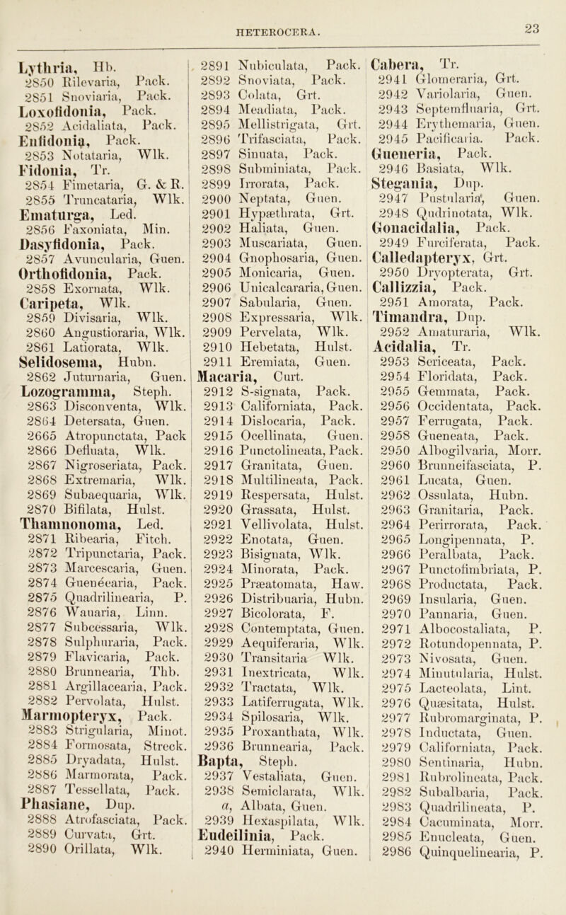 Lytliria, Hb. 2550 Ixilevaria, Pack. 2551 Snoviaria, Pack. Loxofidoilia, Pack. | 2852 Acidaliata, Pack. ’ Eiitidoiiij^, Pack. I 2853 Notataria, Wlk. | Fi(Ionia, Tr. ' 2854 Fimetaria, G. & R. | 2855 I'runcataria, Wlk. i Einaturga, Led. , 2856 Faxoniata, Min. | Dasylidoiiia, Pack. | 2857 Avuncularia, Guen. ; / j OrtlioMouia, Pack. 2858 Exornata, Wlk. | Caripeta, Wlk. 2859 Divisaria, Wlk. 2860 Angustioraria, Wlk. 2861 Latiorata, Wlk. | Selidosema, Hubn. 2862 Juturnaria, Guen. Lozograiiima, Steph. j 2863 Disconventa, Wlk. , 2864 Detersata, Guen. i 2665 Atropunctata, Pack | 2866 DeHuata, Wlk. I 2867 Nigroseriata, Pack. ; 2868 Extremaria, Wlk. 2869 Subaequaria, Wlk. 2870 Bifilata, Hulst. Tliamuonoma, Led. 2871 Ribearia, Fitch. 2872 Tripunctaria, Pack. 2873 Marcescaria, Guen. j 2874 Gueneearia, Pack. I 2875 Quadriliiiearia, P. I 2876 Wauaria, Linn. i 2877 Subcessaria, Wlk. ; 2878 Sulphuraria, Pack. | 2879 Flavicaria, Pack. : 2880 Brunnearia, Tlib. I 2881 Argillacearia, Pack. ^ 2882 Pervolata, Hulst. Marniopteryx, Pack. 2883 Strigularia, Minot. 2884 Fonnosata, Streck. 2885 Dryadata^ Hulst. ’ 2886 Marmorata, Pack. 2887 Tessellataj Pack. ; Pliasiane, Hup. 2888 Atrofasciata, Pack. 2889 Curvata, Grt. 2890 Orillata, Wlk. | 2891 Nubiculata, Pack. ' 2892 Snoviata, l^ack. 2893 Oolata, Grt. 2894 Meadiata, Pack. 2895 Mellistrigata, Grt. , 2896 IVifasciata, Pack. ^ 2897 Sinuata, Pack. 2898 Subininiata, Pack. 2899 Irrorata, Pack. 2900 Neptata, Guen. 2901 H^'psethrata, Grt. 2902 Haliata, Guen. 2903 Muscariata, Guen. 2904 Gnophosaria, Guen. 2905 Monicaria, Guen. 2906 Unicalcararia, Guen. 2907 Sabularia, Guen. 2908 Expressaria, Wlk. 2909 Pervelata, Wlk. 2910 Hebetata, Hulst. 2911 Eremiata, Guen. Macaria, Curt. 2912 S-signata, Pack. 2913 Oaliforniata, Pack. 2914 Dislocaria, Pack. 2915 Ocellinata, Guen. 2916 Punctolineata, Pack. 2917 Granitata, Guen. 2918 Multilineata, Pack. 2919 Respersata, Hulst. 2920 Grassata, Hulst. 2921 Vellivolata, Hulst. 2922 Enotata, Guen. 2923 Bisignata, Wlk. 2924 Minorata, Pack. 2925 Praeatomata, Haw. 2926 Distribuaria, Hubn. 2927 Bicolorata, F. 2928 Contemptata, Guen. 2929 Aequiferaikq Wlk. 2930 Transitaria Wlk. 2931 Inextricata, Wlk. 2932 Tractata, Wlk. 2933 Latiferrugata, Wlk. 2934 Spilosaria, Wlk. 2935 Proxanthata, Wlk. 2936 Brunnearia, Pack. Bapta, Steph. 2937 Vestaliata, Guen. 2938 Semiclarata, Wlk. a, Albata, Guen. 2939 Hexaspilata, Wlk. Eudeiliilia, Pack. 2940 Herminiata, Guen. Cabera, Tr. 2941 Glorneraria, Grt. 2942 Variolaria, Guen. 2943 Septemhuaria, Grt. 2944 Ervthernaria, Guen. 2945 Pacificaria. Pack. Gueiieria, Pack. 2946 Basiata, Wlk. Stegania, Hup. 2947 Pustularia’, Guen. 2948 Qudiinotata, Wlk. Goiiacidalia, Pack. 2949 Furciferata, Pack. Calledapteryx, Grt. 2950 Hryopterata, Grt. Callizzia, Pack. 2951 Amorata, Pack. Tiiiiaiidra, Hup. 2952 Ainaturaria, Wlk. Acidalia, Tr. 2953 Sericeata, Pack. 2954 Floridata, Pack. 2955 Gemmata, Pack. 2956 Occidentata, Pack. 2957 Ferrugata, Pack. 2958 Gueneata, Pack. 2950 Albogilvaria, Morr. 2960 Brunneifasciata, P. 2961 Lucata, Guen. 2962 Ossulata, Hubn. 2963 Granitaria, Pack. 2964 Perirrorata, Pack. 2965 Longipennata, P. 2966 Peralbata, Pack. 2967 Punctotimbriata, P. 2968 Productata, Pack. 2969 Insularia, Guen. 2970 Pannaria, Guen. 2971 Albocostaliata, P. 2972 Rotundopennata, P. 2973 Nivosata, Guen. 2974 Minutularia, Hulst. 2975 Lacteolata, Lint. 2976 Qusesitata, Hulst. 2977 Rubromargiiiata, P. 2978 Inductata, Guen. 2979 Californiata, Pack. 2980 Sentinaria, Hubn. 2981 Rubrolineata, Pack. 2982 Subalbaria, Pack. 2983 Quadrilineata, P. 2984 Cacuminata, ^lorr. 2985 Enucleata, Guen. 2986 Quinquelinearia, P.