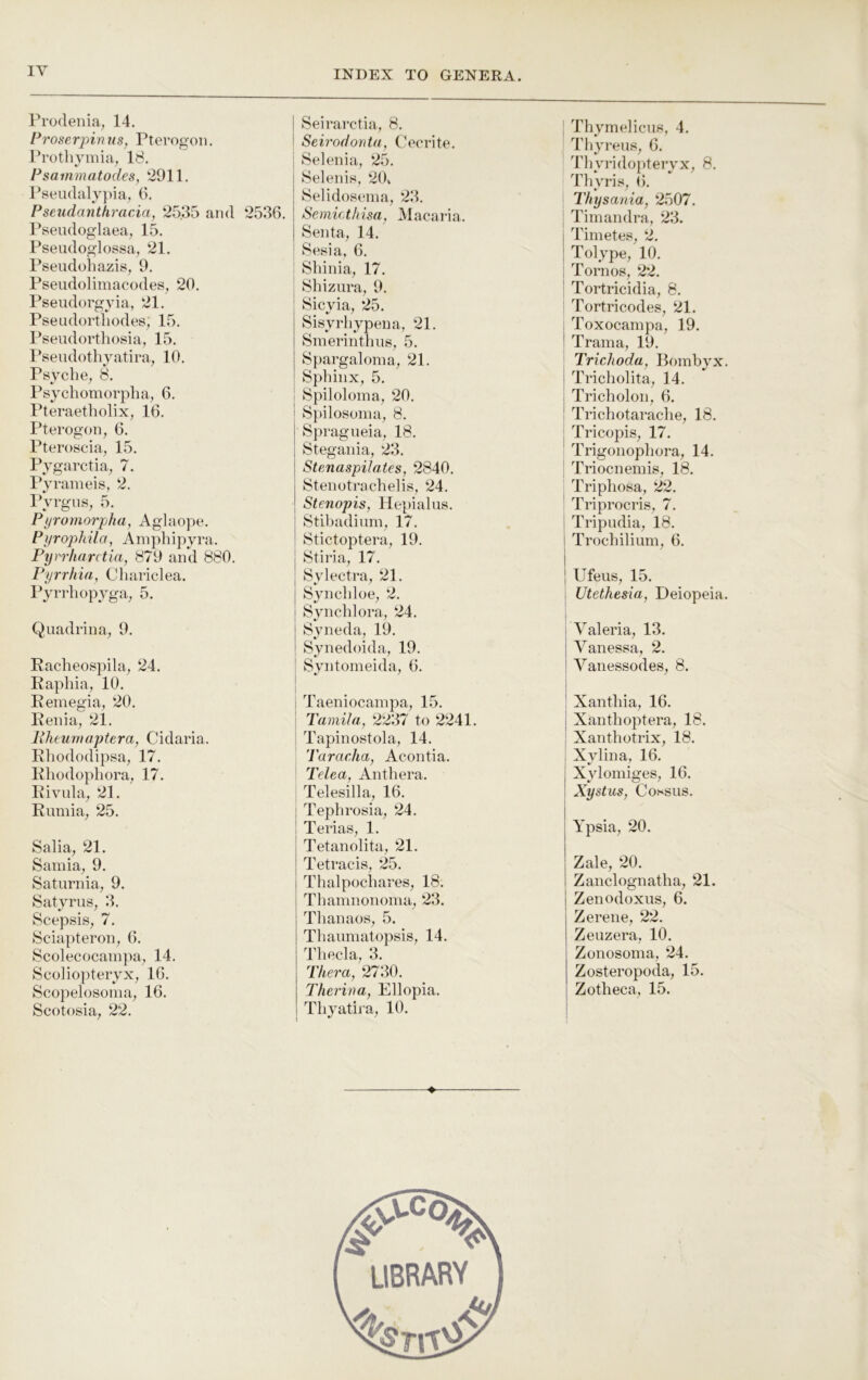 lY Prodenia, 14. Proserpinns, Pterog'on. Prothyniia, 18. Psammatodes, 2911. Pseudalvpia, 6. P seudanthracia Pseudoglaea, 15. Pseudoglossa, 21. Pseudohazis, 9. Pseudolimacodes, 20. Pseudorgyia, 21. Pseudortliodes; 15. Pseudortliosia, 15. l*seudothyatira, 10. Psyche, 8. Psychomorpha, 6. Pteraetliolix, 16. Pterogon, 6. Pteroscia, 15. Pygarctia, 7. Pyrameis, 2. IVrgus, 5. Pyromorpha, Aglaope. Pyrophila, Aniphipyra. Pyrriiarctia, 879 and 880. Pyrrilia, Cliariclea. Pyrrhopyga, 5. Quadrina, 9. Racheospila, 24. Rapliia, 10. Remegia, 20. Reiiia, 21. Rheurnaptera, Cidaria. Rhododipsa, 17. Rhodophora, 17. Rivula, 21. Rumia, 25. Salia, 21. Sarnia, 9. Saturnia, 9. Satyrus, 8. Scepsis, 7. Sciapteron, (i. Scolecocamj)a, 14. Scoliopteryx, 16. Scopelosoma, 16. Scotosia, 22. Seirarctia, 8. Seiy’odonta, Cecrite. Selenia, 25. Selenis, 20» Selidosema, 28. Scrnicthisa, Macaria. Senta, 14. ; Sesia, 6. ; Shinia, 17. Shizura, 9. Sicvia, 25. Sisyrhypena, 21. Smerintlms, 5. Spargaloma, 21. Sphinx, 5. I Spiloloma, 20. j Spilosoina, 8. Spragneia, 18. Stegania, 28. Stenaspilates, 2840. Stenotrachelis, 24. Stenopis, He})ialus. I Stibadinm, 17. I Stictoptera, 19. I Stiria, 17. , Svlectra, 21. \ Synchloe, 2. i Synchlora, 24. I Svneda, 19. ! Synedoida, 19. I Syntomeida, 6. j * 1 ! Taeniocampa, 15. ! Tamila, 2287 to 2241. I Tapinostola, 14. Taracha, Acontia. Telea, Anthera. Telesilla, 16. : Tephrosia, 24. : Terias, 1. I Tetanolita, 21. I Tetracis, 25. j Thalpochares, 18. j Thamnonoina, 28. Thanaos, 5. Thanmatopsis, 14. Theda, 8. Thera, 2780. Therina, Ellopia. Thyatira, 10. 25.35 and 2536. Thymelicns, 4. Thyrens, 6. Thyrido[)teryx, 8. Thyris, 6. Thysania, 2507. Timandra, 28. I Timetes, 2. I Tolype, 10. i Torn os, 22. I Tortricidia, 8. i Tortricodes, 21. ; Toxocampa, 19. I Trama, 19. Trichoda, Bombyx. I Tricholita, 14. Tricholon, 6. ! Trichotarache, 18. : Tricopis, 17. ’ Trigonophora, 14. Triocneinis, 18. Triphosa, 22. Triprocris, 7. I Tripudia, 18. ! Trochilium, 6. i [ Ufeus, 15. I Utethesia, Deiopeia. Valeria, 13. I Vanessa, 2. I Vanessodes, 8. ! Xanthia, 16. i Xanthoptera, 18. i Xanthotrix, 18. i Xylina, 16. I Xylomiges, 16. ! Xystus, Cossus. I Ypsia, 20. I Zale, 20. I Zanclognatha, 21. Zenodoxns, 6. Zerene, 22. Zeuzera, 10. Zonosoma, 24. Zosteropoda, 15. Zotheca, 15.