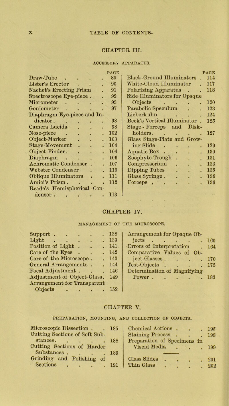 CHAPTER III. ACCESSORY APPARATUS. Draw-Tube .... PAGE 89 Black-Ground Illuminators . PAGE 114 Lister’s Erector 90 White-Cloud Illuminator 117 Nachet’s Erecting Prism 91 Polarizing Apparatus • 118 Spectroscope Eye-piece . 92 Side Illuminators for Opaque Micrometer .... 93 Objects • • 120 Goniometer .... 97 Parabolic Speculum • . 123 Diaphragm Eye-piece and In- Lieberkiihn . . 124 dicator 98 Beck’s Vertical Illuminator . 125 Camera Lucida 98 Stage - Forceps and Disk- Nose-piece .... 102 holders. . 127 Object-Marker 103 Glass Stage-Plate and Grow- Stage-Movement . 104 ing Slide . . 129 Object-Finder. 104 Aquatic Box . • • 130 Diaphragm .... 106 Zoophyte-Trough . . 131 Achromatic Condenser . 107 Compressorium • • 133 Webster Condenser 110 Dipping Tubes . a 135 Oblique Illuminators . 111 Glass Syringe . . . 136 Amici’s Prism : Reade’s Hemispherical Con- 112 Forceps . * 136 denser 113 CHAPTER IV. Support . Light Position of Light . Care of the Eyes . Care of the Microscope General Arrangements Eocal Adjustment . Adjustment of Object-Glass. 149 Arrangement for Transparent Objects .... 152 Arrangement for Opaque Ob- jects 160 Errors of Interpretation . 164 Comparative Values of Ob- ject-Glasses .... 170 Test-Objects .... 175 Determination of Magnifying Power 183 MANAGEMENT OF THE MICROSCOPE. 138 139 141 142 143 144 146 CHAPTER V. PREPARATION, MOUNTING, AND COLLECTION OF OBJECTS. Microscopic Dissection . . 185 Cutting Sections of Soft Sub- stances 188 Cutting Sections of Harder Substances . . . .189 Grinding and Polishing of Sections . . . .191 Chemical Actions . . . 195 Staining Process . . . 19S Preparation of Specimens in Viscid Media . , .199 Glass Slides . . . .201 Thin Glass .... 202