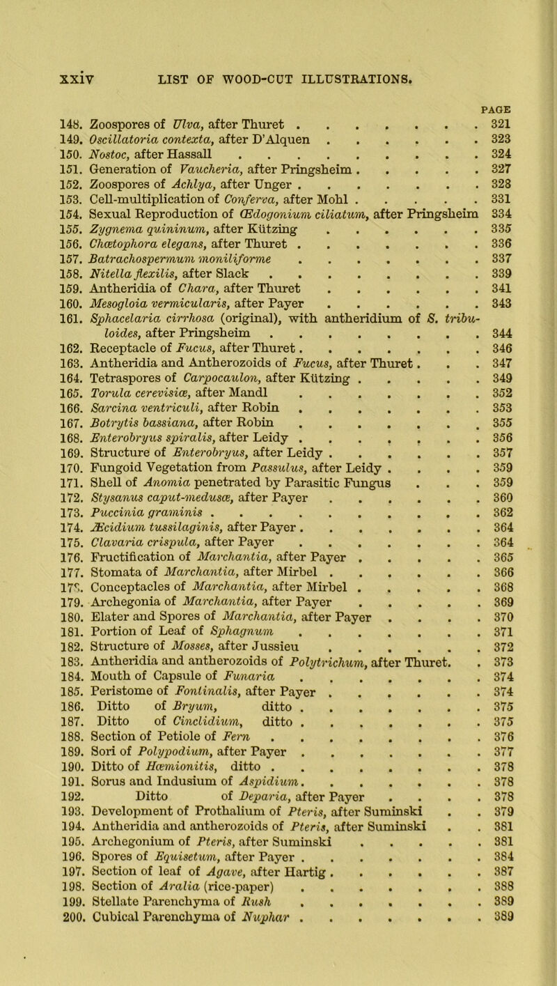 148. Zoospores of Ulva, after Thuret . 149. Oscillatoria contexta, after D’Alquen 150. Nostoc, after Hassall 151. Generation of Vaucheria, after Pringsheim . 152. Zoospores of Adilya, after Unger . 153. Cell-multiplication of Conferva, after Mohl . 154. Sexual Reproduction of CEdogonium ciliatum, after P 155. Zygnema quininum, after Kiitzing 156. Chcetophora elegans, after Thuret . 157. Batrachospermum moniliforme 158. Nitella flexilis, after Slack 159. Antheridia of Chara, after Thuret 160. Mesogloia vermicularis, after Payer 161. Sphacelaria cirrhosa (original), with antheridium o loides, after Pringsheim 162. Receptacle of Fucus, after Thuret 163. Antheridia and Antherozoids of Fucus, after Thuret 164. Tetraspores of Carpocaulon, after Kiitzing . 165. Torula cerevisice, after Mandl 166. Sarcina ventriculi, after Robin . 167. Botrytis bassiana, after Robin 168. Enterobryus spiralis, after Leidy . 169. Structure of Enterobryus, after Leidy . 170. Fungoid Vegetation from Passulus, after Leidy 171. Shell of Anomia penetrated by Parasitic Fungu 172. Stysanus caput-medusce, after Payer 173. Puccinia graminis 174. JEcidium tussilaginis, after Payer . 175. Clavaria crispula, after Payer 176. Fructification of Marchantia, after Payer . 177. Stomata of Marchantia, after Mirbel . 17S. Conceptacles of Marchantia, after Mirbel . 179. Archegonia of Marchantia, after Payer 180. Elater and Spores of Marchantia, after Payer 181. Portion of Leaf of Sphagnum 182. Structure of Mosses, after Jussieu 183. Antheridia and antherozoids of Polytriclium, after Thuret 184. Mouth of Capsule of Funaria 185. Peristome of Fonlinalis, after Payer 186. Ditto of Bryum, ditto 187. Ditto of Cinclidium, ditto 188. Section of Petiole of Fern 189. Sori of Polypodium, after Payer 190. Ditto of Hcemionitis, ditto . 191. Sorus and Indusium of Aspidium 192. Ditto of Deparia, after Payer 193. Development of Prothalium of Pteris, after Suminski 194. Antheridia and antherozoids of Pteris, after Suminski 195. Archegonium of Pteris, after Suminski 196. Spores of Equisetum, after Payer . 197. Section of leaf of Agave, after Hartig 198. Section of Aralia (rice-paper) 199. Stellate Parenchyma of Rush 200. Cubical Parenchyma of Nuphar . PAGE . 321 . 323 . 324 . 327 . 328 . 331 ringsheim 334 . 335 . 336 . 337 . 339 . 341 . 343 ribu- 344 346 347 349 352 353 355 356 357 359 359 360 362 364 364 365 366 368 369 370 371 372 373 374 374 375 375 376 377 378 378 378 379 381 381 384 387 388 3S9 389