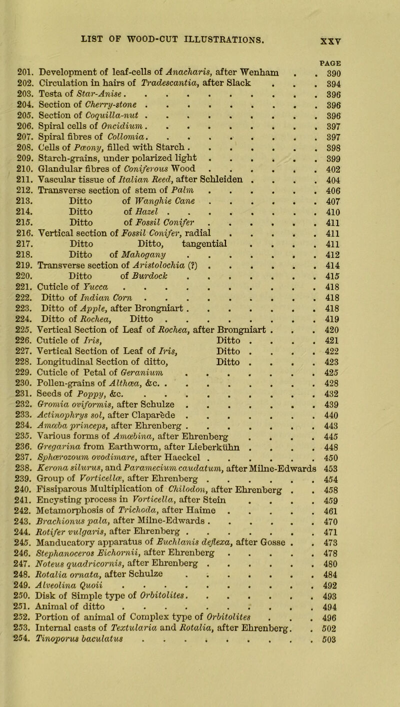 201. 202. 203. 204. 205. 206. 207. 208. 209. 210. 211. 212. 213. 214. 215. 216. 217. 218. 219. 220. 221. 222. 223. 224. 225. 226. 227. 228. 229. 230. 231. 232. 233. 234. 235. 236. 237. 238. 239. 240. 241. 242. 243. 244. 245. 246. 247. 248. 249. 250. 251. 252. 253. 254. Development of leaf-cells of Anacharis, after Wenham Circulation in hairs of Tradescantia, after Slack Testa of Star-Anise. Section of Cherry-stone . Section of Coquilla-nut . Spiral cells of Oncidium. Spiral fibres of Collomia. Cells of Pceony, filled with Starch Starch-grains, under polarized light Glandular fibres of Coniferous Wood Vascular tissue of Italian Reed, after Schleiden Transverse section of stem of Palm Ditto of Wanghie Cane Ditto of Hazel . Ditto of Fossil Conifer Vertical section of Fossil Conifer, radial Ditto Ditto, tangential Ditto of Mahogany Transverse section of Aristolochia (?) Ditto of Burdock Cuticle of Yucca Ditto of Indian Com Ditto of Apple, after Brongniart Ditto of Rochea, Ditto Vertical Section of Leaf of Rochea, after Brongniart Ditto Ditto Ditto Willi Cuticle of Iris, Vertical Section of Leaf of Iris, Longitudinal Section of ditto, Cuticle of Petal of Geranium Pollen-grains of Althaea, &c. . Seeds of Poppy, &c. Gromia oviformis, after Schulze Actinophrys sol, after ClaparMe Amoeba princeps, after Ehrenberg Various forms of Amcebina, after Ehrenberg Gregarina from Earthworm, after Lieberkuhn Sphxzrozoum ovodimare, after Haeckel . Kerona silurus, and Paramecium caudatum, after Group of Vorticellce, after Ehrenberg . Fissiparous Multiplication of Chilodon, after Ehrenberg Encysting process in Vorticella, after Stein Metamorphosis of Trichcda, after Haime Brachionus pala, after Milne-Edwards . Rotifer vulgaris, after Ehrenberg . Manducatory apparatus of Euchlanis dejlexa, aft Stephanoceros Eichornii, after Ehrenberg Noteus quadricornis, after Ehrenberg Rotalia omata, after Schulze Alveolina Quoii .... Disk of Simple type of Orbitolites. Animal of ditto .... Portion of animal of Complex type of Orbitolites Internal casts of Textularia and Rotalia, after Ehrenberg Tinoporus baculatus r Gosse -Edwards PAGE 390 394 396 396 396 397 397 398 399 402 404 406 407 410 411 411 411 412 414 415 418 418 418 419 420 421 422 423 425 428 432 439 440 443 445 448 450 453 454 458 459 461 470 471 473 478 480 484 492 493 494 496 502 503