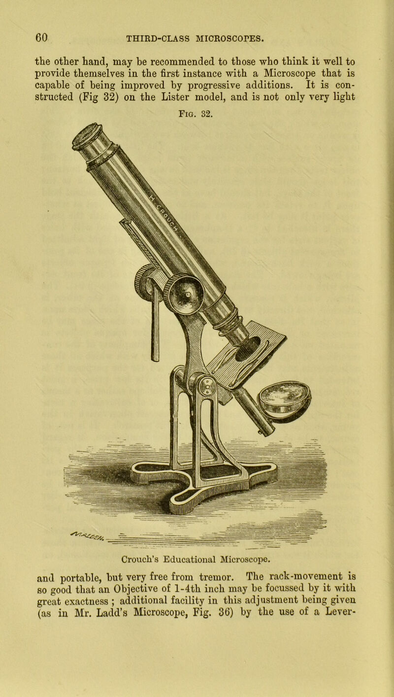 the other hand, may be recommended to those who think it well to provide themselves in the first instance with a Microscope that is capable of being improved by progressive additions. It is con- structed (Fig 32) on the Lister model, and is not only very light Fig. 32. Crouch’s Educational Microscope. and portable, but very free from tremor. The rack-movement is so good that an Objective of l-4th inch may be focussed by it with great exactness ; additional facility in this adjustment being given (as in Mr. Ladd’s Microscope, Fig. 3(3) by the use of a Lever-