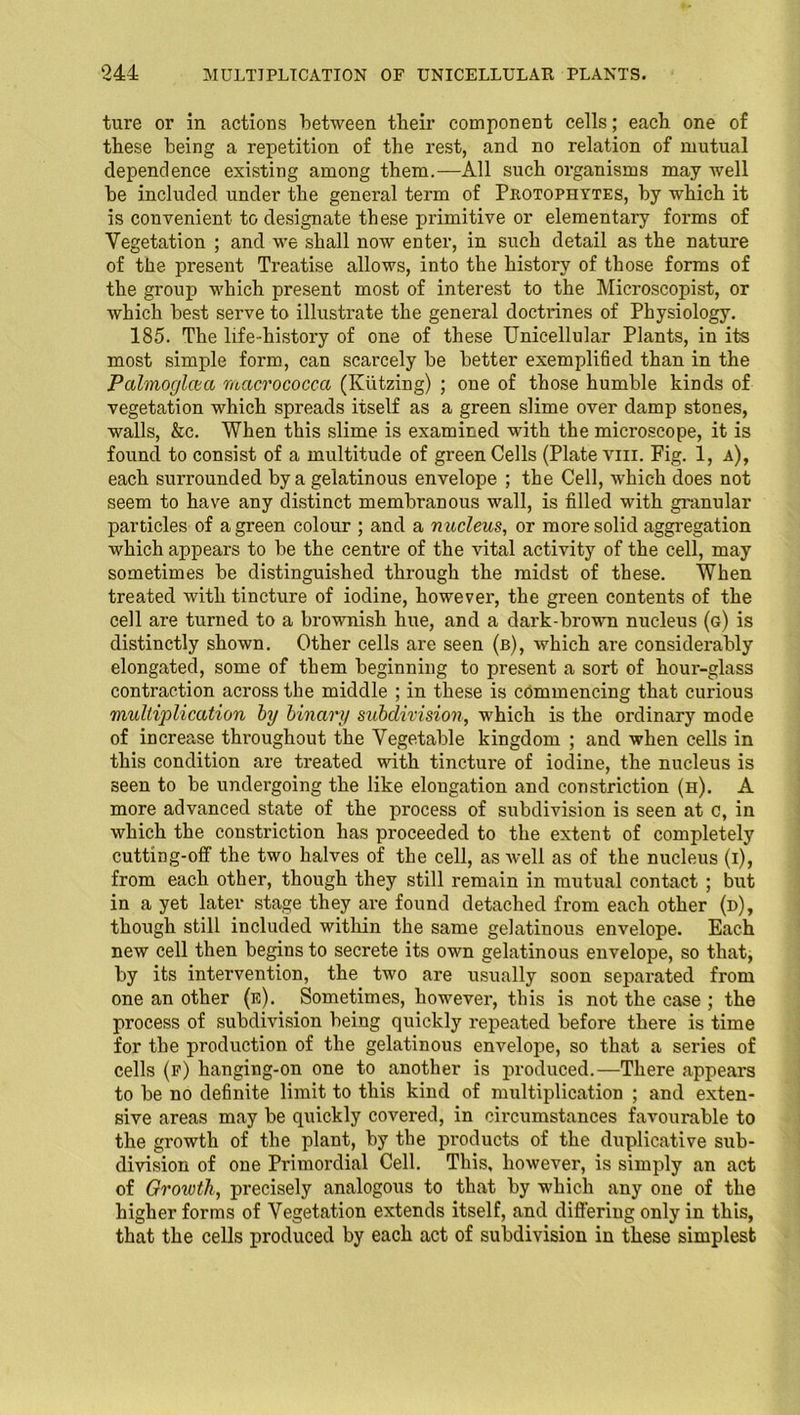 ture or in actions between tbeir component cells; each one of these being a repetition of the rest, and no relation of mutual dependence existing among them.—All such organisms may well be included under the general term of Protophytes, by which it is convenient to designate these primitive or elementary forms of Vegetation ; and we shall now enter, in such detail as the nature of the present Treatise allows, into the history of those forms of the group which present most of interest to the Microscopist, or which best serve to illustrate the general doctiines of Physiology. 185. The life-history of one of these Unicellular Plants, in its most simple form, can scarcely be better exemplified than in the Pahnoglcta macrococca (Kiitzing) ; one of those humble kinds of vegetation which spreads itself as a green slime over damp stones, walls, &c. When this slime is examined with the microscope, it is found to consist of a multitude of green Cells (Plate yiii. Fig. 1, a), each surrounded by a gelatinous envelope ; the Cell, which does not seem to have any distinct membranous wall, is filled with granular particles of a green colour ; and a n ucleus, or more solid aggregation which appears to be the centre of the vital activity of the cell, may sometimes be distinguished through the midst of these. When treated with tincture of iodine, however, the green contents of the cell are turned to a brownish hue, and a dark-brown nucleus (g) is distinctly shown. Other cells are seen (b), which are considerably elongated, some of them beginning to present a sort of hour-glass contraction across the middle ; in these is commencing that curious multiplication by binary subdivision, which is the ordinary mode of increase throughout the Vegetable kingdom ; and when cells in this condition are treated with tincture of iodine, the nucleus is seen to be undergoing the like elongation and constriction (h). A more advanced state of the process of subdivision is seen at c, in which the constriction has proceeded to the extent of completely cutting-off the two halves of the cell, as well as of the nucleus (i), from each other, though they still remain in mutual contact ; but in a yet later stage they are found detached from each other (d), though still included within the same gelatinous envelope. Each new cell then begins to secrete its own gelatinous envelope, so that, by its intervention, the two are usually soon separated from one an other (e). Sometimes, however, this is not the case ; the process of subdivision being quickly repeated before there is time for the production of the gelatinous envelope, so that a series of cells (f) hanging-on one to another is produced.—There appears to be no definite limit to this kind of multiplication ; and exten- sive areas may be quickly covered, in circumstances favourable to the growth of the plant, by the products of the duplicative sub- division of one Primordial Cell. This, however, is simply an act of Growth, precisely analogous to that by which any one of the higher forms of Vegetation extends itself, and differing only in this, that the cells produced by each act of subdivision in these simplest