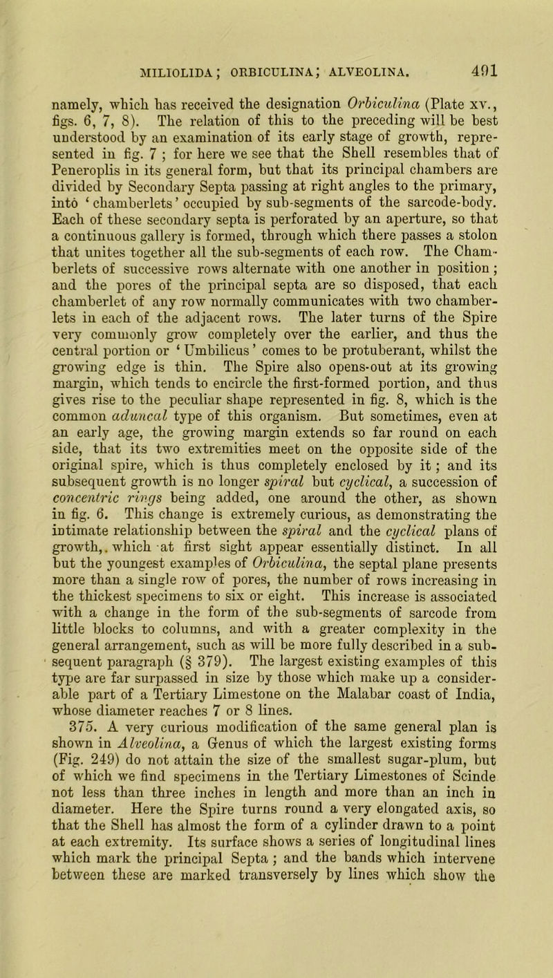 miliolida; orbiculina; alveolina. 401 namely, which has received the designation Orbiculina (Plate xv., figs. 6, 7, 8). The relation of this to the preceding will be best understood by an examination of its early stage of growth, repre- sented in fig. 7 ; for here we see that the Shell resembles that of Peneroplis in its general form, but that its principal chambers are divided by Secondary Septa passing at right angles to the primary, into ‘ chamberlets ’ occupied by sub-segments of the sarcode-body. Each of these secondary septa is perforated by an aperture, so that a continuous gallery is formed, through which there passes a stolon that unites together all the sub-segments of each row. The Cham- berlets of successive rows alternate with one another in position ; and the pores of the principal septa are so disposed, that each chamberlet of any row normally communicates with two chamber- lets in each of the adjacent rows. The later turns of the Spire very commonly grow completely over the earlier, and thus the central portion or ‘ Umbilicus ’ comes to be protuberant, whilst the growing edge is thin. The Spire also opens-out at its growing margin, which tends to encircle the first-formed portion, and thus gives rise to the peculiar shape represented in fig. 8, which is the common aduncal type of this organism. But sometimes, even at an early age, the growing margin extends so far round on each side, that its two extremities meet on the opposite side of the original spire, which is thus completely enclosed by it; and its subsequent growth is no longer spiral but cyclical, a succession of concentric rings being added, one around the other, as shown in fig. 6. This change is extremely curious, as demonstrating the intimate relationship between the spiral and the cyclical plans of growth,, which at first sight appear essentially distinct. In all but the youngest examples of Orbiculina, the septal plane presents more than a single row of pores, the number of rows increasing in the thickest specimens to six or eight. This increase is associated with a change in the form of the sub-segments of sarcode from little blocks to columns, and with a greater complexity in the general arrangement, such as will be more fully described in a sub- sequent paragraph (§ 379). The largest existing examples of this type are far surpassed in size by those which make up a consider- able part of a Tertiary Limestone on the Malabar coast of India, whose diameter reaches 7 or 8 lines. 375. A very curious modification of the same general plan is shown in Alveolina, a Genus of which the largest existing forms (Fig. 249) do not attain the size of the smallest sugar-plum, but of which we find specimens in the Tertiary Limestones of Scinde not less than three inches in length and more than an inch in diameter. Here the Spire turns round a very elongated axis, so that the Shell has almost the form of a cylinder drawn to a point at each extremity. Its surface shows a series of longitudinal lines which mark the principal Septa ; and the bands which intervene between these are marked transversely by lines which show the