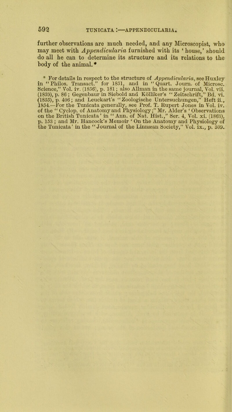 further observations are much needed, and any Microscopist, who may meet with Appenclicularia furnished with its ‘ house,’ should do all he can to determine its structure and its relations to the body of the animal.* * For details in respect to the structure of Appendicularia, see Huxley in “Philos. Transact.” for 1851, and in “Quart. Journ. of Microsc. Science,” Vol. iv. (1856), p. 181; also Allman in the same journal, Vol. vii. (1859), p. 86 ; Gegenbaur in Siebold and Kolliker’s “ Zeitschrift,” Bd. vi. (1855), p. 406; and Leuckart’s “Zoologische Untersuchungen,” Heftii., 1854.—For the Tunicata generally, see Prof. T. Rupert Jones in Vol. iv. of the “ Cyclop, of Anatomy and Physiology;” Mr. Alder’s ‘ Observations on the British Tunicata’ in “Ann. of Nat. Hist.,” Ser. 4, Vol. xi. (1863), p. 153 ; and Mr. Hancock’s Memoir ‘ On the Anatomy and Physiology of the Tunicata’ in the “Journal of the Linngean Society,” Vol. ix., p. 309.