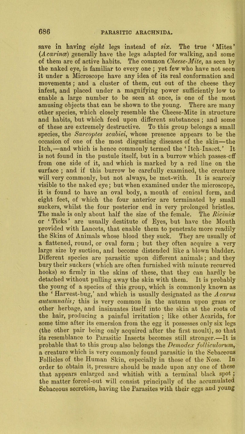 save in having eight legs instead of six. The true ‘Mites’ (Acarince) generally have the legs adapted for walking, and some of them are of active habits. The common Cheese-Mite, as seen by the naked eye, is familiar to every one ; yet few who have not seen it under a Microscope have any idea of its real conformation and movements ; and a cluster of them, cut out of the cheese they infest, and placed under a magnifying power sufficiently low to enable a large number to be seen at once, is one of the most amusing objects that can be shown to the young. There are many other species, which closely resemble the Cheese-Mite in structure and habits, but which feed upon different substances ; and some of these are extremely destructive. To this group belongs a small species, the Sarcoptes scabiei, whose presence appears to be the occasion of one of the most disgusting diseases of the skin—the Itch,—and which is hence commonly termed the ‘ Itch-Insect.’ It is not found in the pustule itself, but in a burrow which passes-cff from one side of it, and which is marked by a red line on the surface ; and if this burrow be carefully examined, the creature will very commonly, but not always, be met-with. It is scarcely visible to the naked eye; but when examined under the microscope, it is found to have an oval body, a mouth of conical form, and eight feet, of which the four anterior are terminated by small suckers, whilst the four posterior end in very prolonged bristles. The male is only about half the size of the female. The Ricinice or ‘ Ticks ’ are usually destitute of Eyes, but have the Mouth provided with Lancets, that enable them to penetrate more readily the Skins of Animals whose blood they suck. They are usually of a flattened, round, or oval form ; but they often acquire a very large size by suction, and become distended like a blown bladder. Different species are parasitic upon different animals; and they bury their suckers (which are often furnished with minute recurved hooks) so firmly in the skins of these, that they can hardly be detached without pulling away the skin with them. It is probably the young of a species of this group, which is commonly known as the 1 Harvest-bug,’ and which is usually designated as the Acarus autumncilis; this is very common in the autumn upon grass or other herbage, and insinuates itself into the skin at the roots of the hair, producing a painful irritation ; like other Acarida, for some time after its emersion from the egg it possesses only six legs (the other pair being only acquired after the first moult), so that its resemblance to Parasitic Insects becomes still stronger.—It is probable that to this group also belongs the Demodex follictdorum, a creature which is very commonly found parasitic in the Sebaceous Follicles of the Human Skin, especially in those of the Nose. In order to obtain it, pressure should be made upon any one of these that appears enlarged and whitish with a terminal black spot; the matter forced-out will consist principally of the accumulated Sebaceous secretion, having the Parasites with their eggs and young