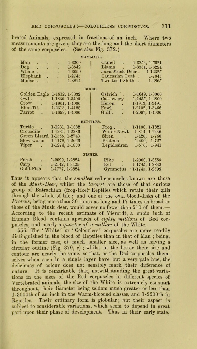 brated Animals, expressed in fractions of an inch. Where two measurements are given, they are the long and the short diameters of the same corpuscles. (See also Fig. 372.) MAMMALS. Man 1-3200 Camel 1-3254, 1-5921 Dog 1-3542 Llama 1-3361, 1-6294 Whale . 1-3099 Java Musk-Deer . 1-12325 Elephant 1-2745 Caucasian Goat . 1-7045 Mouse . 1-3814 Two-toed Sloth . 1-2865 BIRDS. Golden Eagle 1-1812, 1-3832 Ostrich . 1-1649, 1-3000 Owl . 1-1830, 1-3400 Cassowary 1-1455, 1-2800 Crow 1-1961, 1-4000 Heron 1-1913, 1-3491 Blue-Tit . 1-2313, 1-4128 Fowl 1-2102, 1-3466 Parrot 1-1898, 1-4000 Gull. 1-2097, 1-4000 REPTILES. Turtle 1-1231, 1-1882 Frog . 1-1108, 1-1821 Crocodile 1-1231, 1-2286 Water-Newt 1-814, 1-1246 Green Lizard 1-1555, 1-2743 Siren 1-420, 1-760 Slow-worm 1-1178, 1-2666 Proteus 1-400, 1-727 Viper 1-1274, 1-1800 Lepidosiren 1-570, 1-941 FISHES. Perch 1-2099, 1-2824 Pike 1-2000, 1-3555 Carp 1-2142, 1-3429 Eel 1-1745, 1-2842 Gold-Fish 1-1777, 1-2824 Gymnotus 1-1745, 1-2599 Thus it appears that the smallest red corpuscles known are those of the Musk-Deer; whilst the largest are those of that curious group of Batrachian (frog-like)’ Reptiles which retain their gills through the whole of life ; and one of the oval blood-disks of the Proteus, being more than 30 times as long and 17 times as broad as those of the Musk-deer, would cover no fewer than 510 of them.— According to the recent estimate of Vierordt, a cubic inch of Human Blood contains upwards of eighty millions of Red cor- puscles, and nearly a quarter of a million of the White. 556. The ‘White’ or ‘Colourless’ corpuscles are more readily distinguished in the blood of Reptiles than in that of Man ; being, in the former case, of much smaller size, as well as having a circular outline (Fig. 370, c) ; whilst in the latter their size and contour are nearly the same, so that, as the Red corpuscles them- selves when seen in a single layer have but a very pale hue, the deficiency of colour does not sensibly mark their difference of nature. It is remarkable that, notwithstanding the great varia- tions in the sizes of the Red corpuscles in different species of Vertebrated animals, the size of the White is extremely constant throughout, their diameter being seldom much greater or less than l-3000th of an inch in the Warm-blooded classes, and l-2500th in Reptiles. Their ordinary form is globular; but their aspect is subject to considerable variations, which seem to depend in great part upon their phase of development. Thus in their early state,