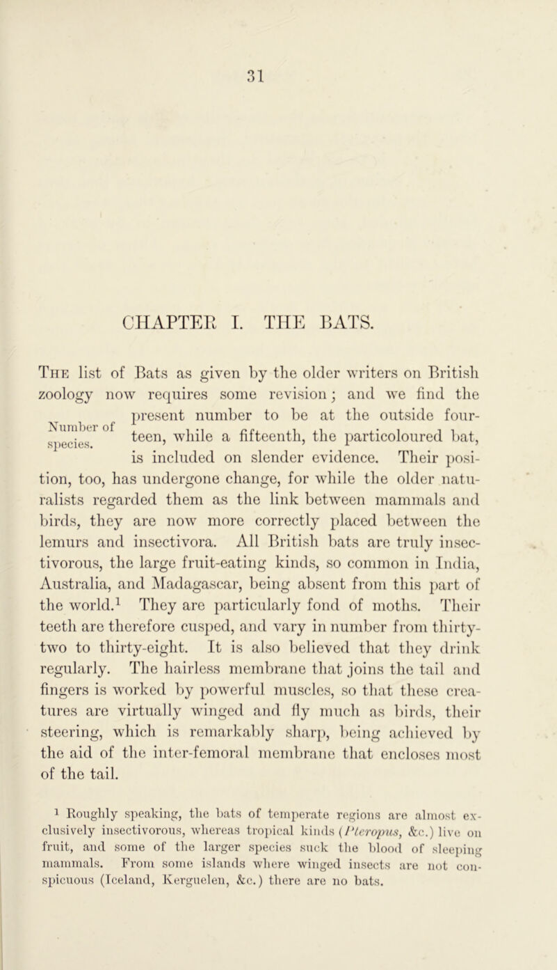 CHAPTER I. THE BATS. The list of Bats as given by the older writers on British zoology now requires some revision; and we find the present number to be at the outside four- secies1 teen> while a fifteenth, the particoloured bat, is included on slender evidence. Their posi- tion, too, has undergone change, for while the older natu- ralists regarded them as the link between mammals and birds, they are now more correctly placed between the lemurs and insectivora. All British bats are truly insec- tivorous, the large fruit-eating kinds, so common in India, Australia, and Madagascar, being absent from this part of the world.1 They are particularly fond of moths. Their teeth are therefore cusped, and vary in number from thirty- two to thirty-eight. It is also believed that they drink regularly. The hairless membrane that joins the tail and fingers is worked by powerful muscles, so that these crea- tures are virtually winged and fly much as birds, their steering, which is remarkably sharp, being achieved by the aid of the inter-femoral membrane that encloses most of the tail. 1 Roughly speaking, the hats of temperate regions are almost ex- clusively insectivorous, whereas tropical kinds (Pteropus, &c.) live on fruit, and some of the larger species suck the blood of sleeping mammals. From some islands where winged insects are not con- spicuous (Iceland, Kerguelen, &c.) there are no bats.