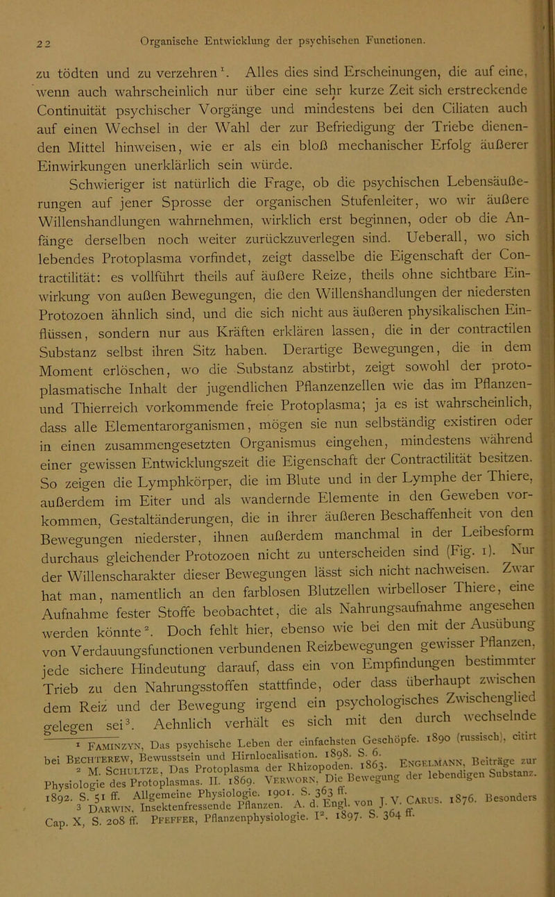 zu tödten und zu verzehren1. Alles dies sind Erscheinungen, die auf eine, wenn auch wahrscheinlich nur über eine sehr kurze Zeit sich erstreckende Continuität psychischer Vorgänge und mindestens bei den Ciliaten auch auf einen Wechsel in der Wahl der zur Befriedigung der Triebe dienen- den Mittel hinweisen, wie er als ein bloß mechanischer Erfolg äußerer Einwirkungen unerklärlich sein würde. Schwieriger ist natürlich die Frage, ob die psychischen Lebensäuße- rungen auf jener Sprosse der organischen Stufenleiter, wo wir äußere Willenshandlungen wahrnehmen, wirklich erst beginnen, oder ob die An- fänge derselben noch weiter zurückzuverlegen sind. Ueberall, wo sich lebendes Protoplasma vorfindet, zeigt dasselbe die Eigenschaft der Con- tractilität: es vollführt theils auf äußere Reize, theils ohne sichtbare Ein- wirkung von außen Bewegungen, die den Willenshandlungen der niedersten Protozoen ähnlich sind, und die sich nicht aus äußeren physikalischen Ein- flüssen, sondern nur aus Kräften erklären lassen, die in der contiactilen Substanz selbst ihren Sitz haben. Derartige Bewegungen, die in dem Moment erlöschen, wo die Substanz abstirbt, zeigt sowohl der proto- plasmatische Inhalt der jugendlichen Pflanzenzellen wie das im Pflanzen- und Thierreich vorkommende freie Protoplasma; ja es ist wahrscheinlich, dass alle Elementarorganismen, mögen sie nun selbständig existiren odei in einen zusammengesetzten Organismus eingehen, mindestens wahrend einer gewissen Entwicklungszeit die Eigenschaft der Contractilität besitzen. So zeigen die Lymphkörper, die im Blute und in der Lymphe dei Thiere, außerdem im Eiter und als wandernde Elemente in den Geweben Vor- kommen, Gestaltänderungen, die in ihrer äußeren Beschaffenheit von den Bewegungen niederster, ihnen außerdem manchmal in der Leibesform durchaus gleichender Protozoen nicht zu unterscheiden sind (Fig. i). Nui der Willenscharakter dieser Bewegungen lässt sich nicht nachweisen. Zwar hat man, namentlich an den farblosen Blutzellen wirbelloser Thiere, eine Aufnahme fester Stoffe beobachtet, die als Nahrungsaufnahme angesehen werden könnte2. Doch fehlt hier, ebenso wie bei den mit der Ausübung von Verdauungsfunctionen verbundenen Reizbewegungen gewisser Pflanzen, jede sichere Hindeutung darauf, dass ein von Empfindungen bestimmter Trieb zu den Nahrungsstoffen stattfinde, oder dass überhaupt zwischen dem Reiz und der Bewegung irgend ein psychologisches Zwischenglied o-elegen sei3. Aehnlich verhält es sich mit den durch wechselnde 1 Faminzyn, Das psychische Leben der einfachsten Geschöpfe. 1890 (russisch,, citirt bei Bechterew, Bewusstsein und Hirnlocalisation. 1S9S. S. . E M Beiträge zur VmvvotITdIc Beweise «« '«» ~ ™ I-V- C— ** “ Cap. X, S. 208 ff. Pfeffer, Pflanzenphysiologie. I2. 1897. b. 304 n.