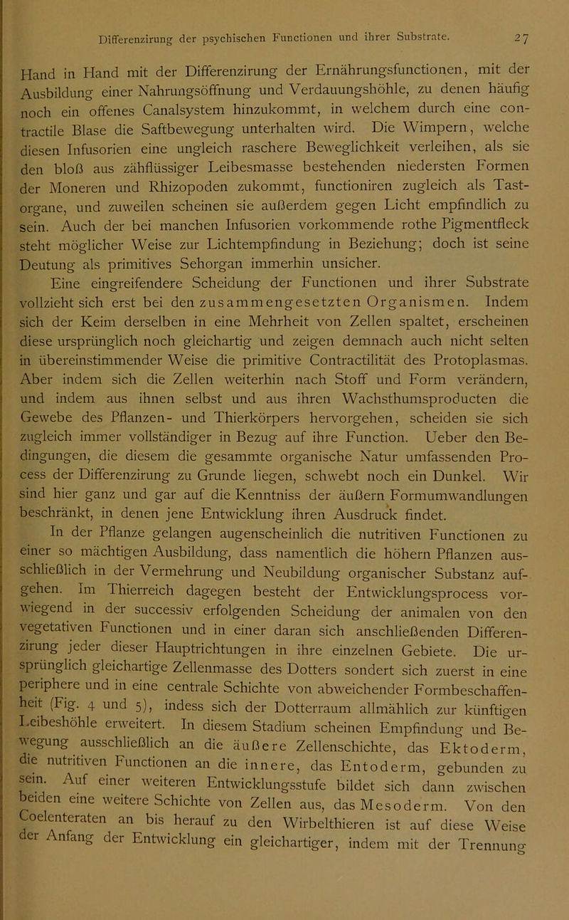 Hand in Hand mit der Differenzirung der Ernährungsfunctionen, mit der Ausbildung einer Nahrungsöffnung und Verdauungshöhle, zu denen häufig noch ein offenes Canalsystem hinzukommt, in welchem durch eine con- tractile Blase die Saftbewegung unterhalten wird. Die Wimpern, welche diesen Infusorien eine ungleich raschere Beweglichkeit verleihen, als sie den bloß aus zähflüssiger Leibesmasse bestehenden niedersten Formen der Moneren und Rhizopoden zukommt, functioniren zugleich als Tast- organe, und zuweilen scheinen sie außerdem gegen Licht empfindlich zu sein. Auch der bei manchen Infusorien vorkommende rothe Pigmentfleck steht möglicher Weise zur Lichtempfindung in Beziehung; doch ist seine Deutung als primitives Sehorgan immerhin unsicher. Eine eingreifendere Scheidung der Functionen und ihrer Substrate vollzieht sich erst bei den zusammengesetzten Organismen. Indem sich der Keim derselben in eine Mehrheit von Zellen spaltet, erscheinen diese ursprünglich noch gleichartig und zeigen demnach auch nicht selten in übereinstimmender Weise die primitive Contractilität des Protoplasmas. Aber indem sich die Zellen weiterhin nach Stoff und Form verändern, und indem aus ihnen selbst und aus ihren Wachsthumsproducten die Gewebe des Pflanzen- und Thierkörpers hervorgehen, scheiden sie sich zugleich immer vollständiger in Bezug auf ihre Function. Ueber den Be- dingungen, die diesem die gesammte organische Natur umfassenden Pro- cess der Differenzirung zu Grunde liegen, schwebt noch ein Dunkel. Wir sind hier ganz und gar auf die Ivenntniss der äußern Formumwandlungen beschränkt, in denen jene Entwicklung ihren Ausdruck findet. In der Pflanze gelangen augenscheinlich die nutritiven Functionen zu einer so mächtigen Ausbildung, dass namentlich die höhern Pflanzen aus- schließlich in der Vermehrung und Neubildung organischer Substanz auf- gehen. im Thierreich dagegen besteht der Entwicklungsprocess vor- wiegend in der successiv erfolgenden Scheidung der animalen von den vegetativen Functionen und in einer daran sich anschließenden Differen- zirung jeder dieser Hauptrichtungen in ihre einzelnen Gebiete. Die ur- sprünglich gleichartige Zellenmasse des Dotters sondert sich zuerst in eine peiiphere und in eine centrale Schichte von abweichender Formbeschaffen- heit (Fig. 4 und 5), indess sich der Dotterraum allmählich zur künftigen Leibeshöhle erweitert. In diesem Stadium scheinen Empfindung und Be- legung ausschließlich an die äußere Zellenschichte, das Ektoderm, die nutritiven Functionen an die innere, das Entoderm, gebunden zii sein. Auf einer weiteren Entwicklungsstufe bildet sich dann zwischen beiden eine weitere Schichte von Zellen aus, das Mesoderm. Von den oelenteraten an bis herauf zu den Wirbelthieren ist auf diese Weise ei nfang der Entwicklung ein gleichartiger, indem mit der Trennuno- b