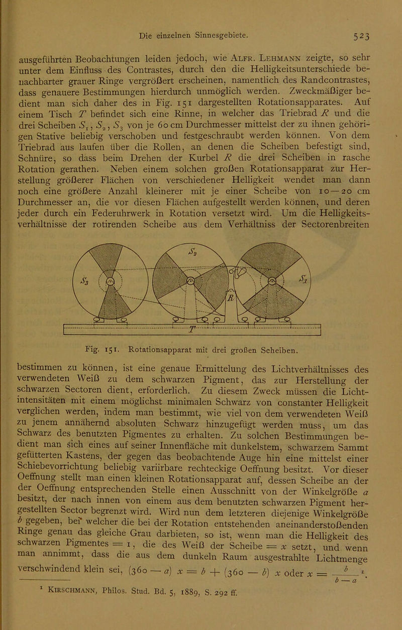 ausgeführten Beobachtungen leiden jedoch, wie Alfr. Lehmann zeigte, so sehr unter dem Einfluss des Contrastes, durch den die Helligkeitsunterschiede be- nachbarter grauer Ringe vergrößert erscheinen, namentlich des Randcontrastes, dass genauere Bestimmungen hierdurch unmöglich werden. Zweckmäßiger be- dient man sich daher des in Fig. 151 dargestellten Rotationsapparates. Auf einem Tisch T befindet sich eine Rinne, in welcher das Triebrad R und die drei Scheiben Sx, S„, S3 von je 60 cm Durchmesser mittelst der zu ihnen gehöri- gen Stative beliebig verschoben und festgeschraubt werden können. Von dem Triebrad aus laufen über die Rollen, an denen die Scheiben befestigt sind, Schnüre, so dass beim Drehen der Kurbel R die drei Scheiben in rasche Rotation gerathen. Neben einem solchen großen Rotationsapparat zur Her- stellung größerer Flächen von verschiedener Helligkeit wendet man dann noch eine größere Anzahl kleinerer mit je einer Scheibe von 10—20 cm Durchmesser an, die vor diesen Flächen aufgestellt werden können, und deren jeder durch ein Federuhrwerk in Rotation versetzt wird. Um die Helligkeits- verhältnisse der rotirenden Scheibe aus dem Verhältniss der Sectorenbreiten Fig. 151. Rotationsapparat mit drei großen Scheiben. bestimmen zu können, ist eine genaue Ermittelung des Lichtverhältnisses des verwendeten Weiß zu dem schwarzen Pigment, das zur Herstellung der schwarzen Sectoren dient, erforderlich. Zu diesem Zweck müssen die Licht- intensitäten mit einem möglichst minimalen Schwarz von constanter Helligkeit verglichen werden, indem man bestimmt, wie viel von dem verwendeten Weiß zu jenem annähernd absoluten Schwarz hinzugefügt werden muss, um das Schwarz des benutzten Pigmentes zu erhalten. Zu solchen Bestimmungen be- dient man sich eines auf seiner Innenfläche mit dunkelstem, schwarzem Sammt gefütterten Kastens, der gegen das beobachtende Auge hin eine mittelst einer Schiebevorrichtung beliebig variirbare rechteckige Oeffnung besitzt. Vor dieser Oeffnung stellt man einen kleinen Rotationsapparat auf, dessen Scheibe an der der Oeffnung entsprechenden Stelle einen Ausschnitt von der Winkelgröße a besitzt, der nach innen von einem aus dem benutzten schwarzen Pigment her- gestellten Sector begrenzt wird. Wird nun dem letzteren diejenige Winkelgröße gegeben, bei welcher die bei der Rotation entstehenden aneinanderstoßenden *°ge £enau das gleiche Grau darbieten, so ist, wenn man die Helligkeit des schwarzen Pigmentes = 1, die des Weiß der Scheibe = * setzt, und wenn man annunmt, dass die aus dem dunkeln Raum ausgestrahlte Lichtmenge verschwindend klein sei, (360 — a) x = b + (360 — b) x oder * b — a