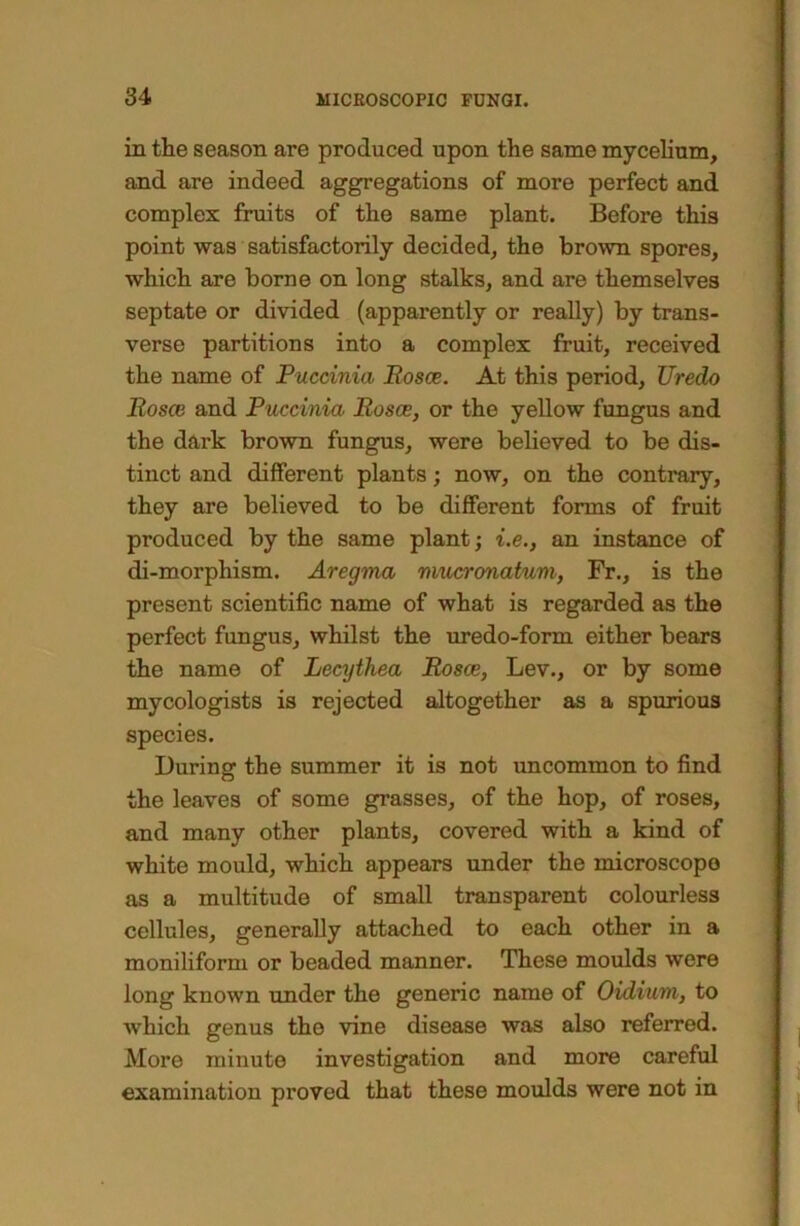 in the season are produced upon the same mycelium, and are indeed aggregations of more perfect and complex fruits of the same plant. Before thia point was satisfactorily decided, the brown spores, which are borne on long stalks, and are themselves septate or divided (apparently or really) by trans- verse partitions into a complex fruit, received the name of Puccinia Rosce. At this period, Uredo Rosce and Puccinia Rosce, or the yellow fungus and the dark brown fungus, were believed to be dis- tinct and different plants; now, on the contrary, they are believed to be diflFerent forms of fruit produced by the same plant; i.e., an instance of di-morphism. Aregma mucronatum, Fr., is the present scientific name of what is regarded as the perfect fungus, whilst the m*edo-form either bears the name of Lecythea Rosce, Lev., or by some mycologists is rejected altogether as a spurious species. During the summer it is not uncommon to find the leaves of some grasses, of the hop, of roses, and many other plants, covered with a kind of white mould, which appears under the microscope as a multitude of small transparent colourless cellules, generally attached to each other in a moniliform or beaded manner. These moulds were long known under the generic name of Oidium, to which genus the vine disease was also referred. Alore minute investigation and more careful examination proved that these moulds were not in