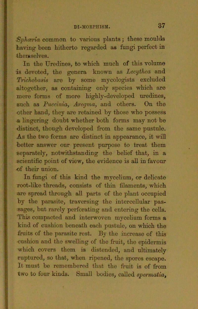 ■Sphcena common to various plants; ttese moulds having been hitherto regarded as fungi perfect in themselves. In the TJredines, to which much of this volume is devoted, the genera known as Lecythea and Trkhobasis are by some mycologists excluded altogether, as containing only species which are mere forms of more highly-developed uredines, such as Puccinia, Aregma, and others. On the •other hand, they are retained by those who possess a h'ngering doubt whether both forms may not be distinct, though developed from the same pustule. As the two forms are distinct in appearance, it will better answer our present purpose to treat them separately, notwithstanding the belief that, in a scientific point of view, the evidence is all in favour of their union. In fungi of this kind the mycelium, or delicate root-like threads, consists of thin filaments, which are spread through aU parts of the plant occupied by the parasite, traversing the intercellular pas- sages, but rarely perforating and entering the cells. This compacted and interwoven mycelium forms a kind of cushion beneath each pustule, on which the fruits of the parasite rest. By the increase of this •cushion and the swelling of the fruit, the epidermis which covers them is distended, and ultimately ruptured, so that, when ripened, the spores escape. It must be remembered that the fruit is of from two to four kinds. Small bodies, called spermatia,