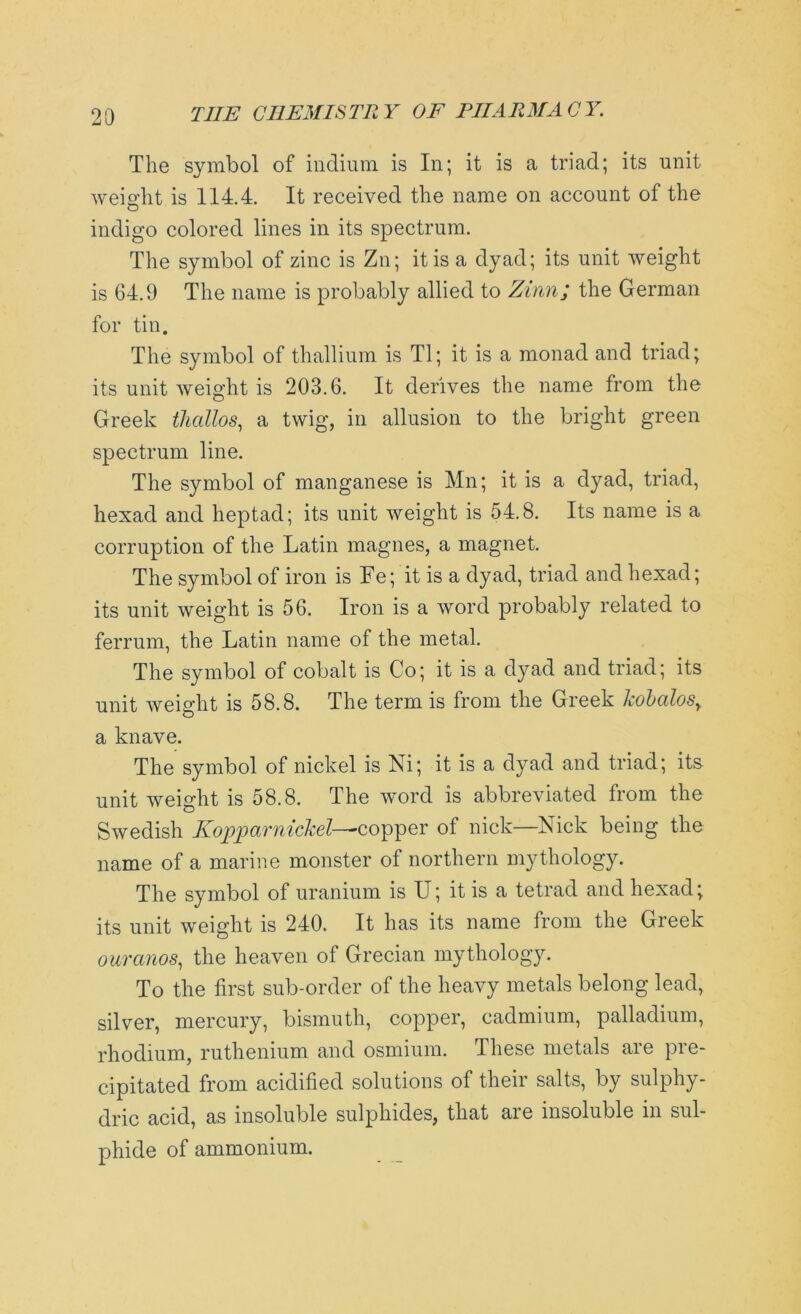 The symbol of indium is In; it is a triad; its unit weight is 114.4. It received the name on account of the indigo colored lines in its spectrum. The symbol of zinc is Zn; it is a dyad; its unit weight is 64.9 The name is probably allied to Zinn; the German for tin. The symbol of thallium is Tl; it is a monad and triad; its unit weight is 203.6. It derives the name from the Greek thallos, a twig, in allusion to the bright green spectrum line. The symbol of manganese is Mn; it is a dyad, triad, hexad and heptad; its unit weight is 54.8. Its name is a corruption of the Latin magnes, a magnet. The symbol of iron is Le; it is a dyad, triad and hexad; its unit weight is 56. Iron is a word probably related to ferrum, the Latin name of the metal. The symbol of cobalt is Co; it is a dyad and triad; its unit weight is 58.8. The term is from the Greek kobalosr a knave. The symbol of nickel is Ni; it is a dyad and triad; its. unit weight is 58.8. The word is abbreviated from the Swedish Kopparnickel—-copper of nick—Nick being the name of a marine monster of northern mythology. The symbol of uranium is U; it is a tetrad and hexad; its unit weight is 240. It has its name from the Greek ouranos, the heaven of Grecian mythology. To the first sub-order of the heavy metals belong lead, silver, mercury, bismuth, copper, cadmium, palladium, rhodium, ruthenium and osmium. These metals are pre- cipitated from acidified solutions of their salts, by sulphy- dnc acid, as insoluble sulphides, that ai e insoluble in sul- phide of ammonium.