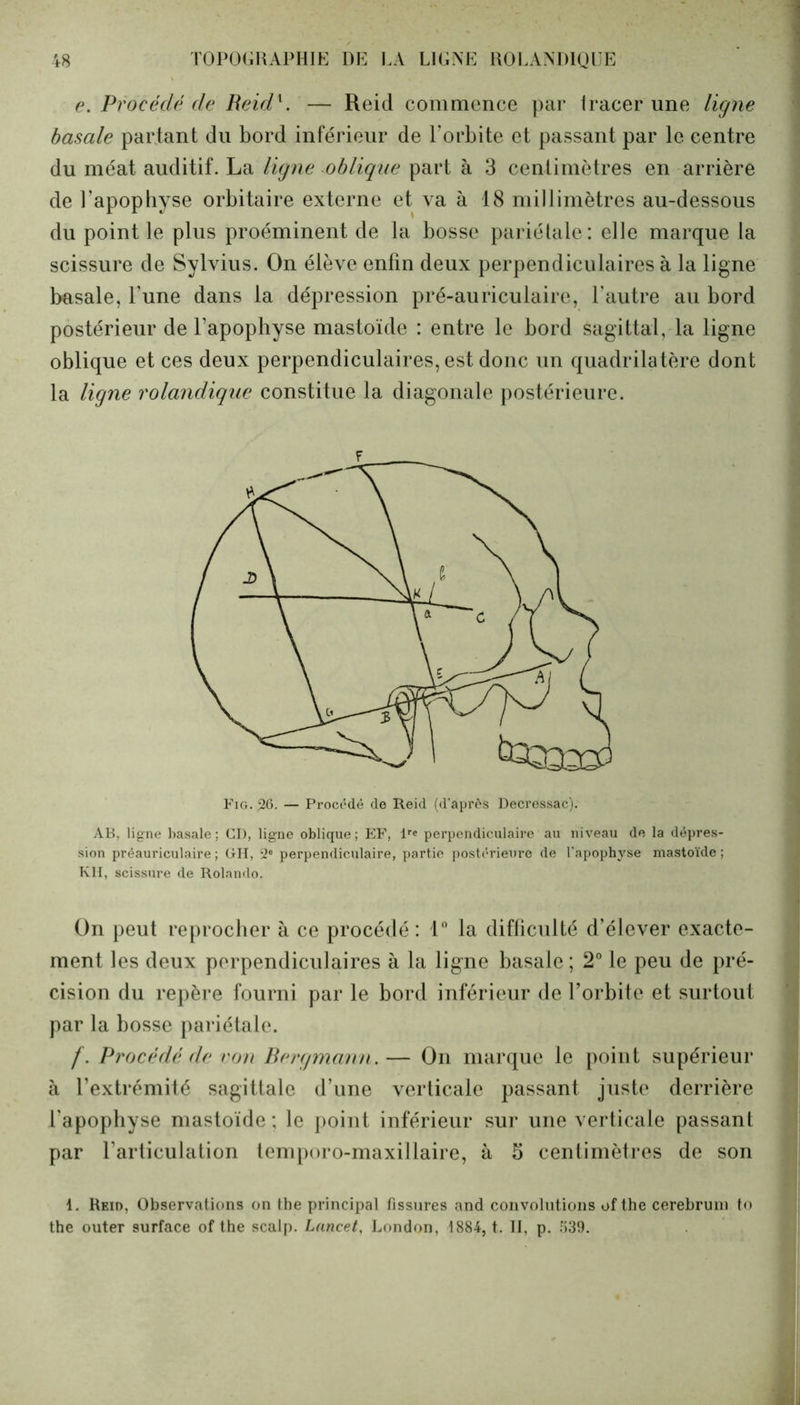 e. Procédé de Reid\ — Reid commence par iracer une ligne basale partant du bord inférieur de l’orbite et passant par le centre du méat auditif. La ligne oblique part à 3 centimètres en arrière de l’apophyse orbitaire externe et va à 18 millimètres au-dessous du point le plus proéminent de la bosse pariétale: elle marque la scissure de Sylvius. On élève enfin deux perpendiculaires à la ligne basale, l’une dans la dépression pré-auriculaire, l’autre au bord postérieur de l’apophyse mastoïde : entre le bord sagittal, la ligne oblique et ces deux perpendiculaires, est donc un quadrilatère dont la ligne rolandique constitue la diagonale postérieure. Fig. 26. — Procédé de Reid (d’après Decressac). AB, ligne basale ; CD, ligne oblique ; EF, lre perpendiculaire au niveau de la dépres- sion préauriculaire ; GH, 2e perpendiculaire, partie postérieure de l'apophyse mastoïde ; K1I, scissure de Rolanclo. On peut reprocher à ce procédé : 1° la difficulté d’élever exacte- ment les deux perpendiculaires à la ligne basale ; 2° le peu de pré- cision du repère fourni par le bord inférieur de l’orbite et surtout par la bosse pariétale. f. Procédé de von Bergmann. — On marque le point supérieur à l’extrémité sagittale d’une verticale passant juste derrière l’apophyse mastoïde; le point inférieur sur une verticale passant par l’articulation temporo-maxillaire, à 5 centimètres de son 4. Reid, Observations on the principal fissures and convolutions of the cerebruni to the outer surface of the scalp. Lancet, London, 1884, t. II, p. 539.