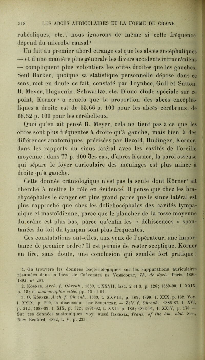 rubéoliques, etc. ; nous ignorons de même si cette fréquence dépend du microbe causal1 Un fait au premier abord étrange est que les abcès encéphaliques — et d’une manière plus générale les divers accidents intracrâniens — compliquent plus volontiers les otites droites que les gauches. Seul Barber, quoique sa statistique personnelle dépose dans ce sens, met en doute ce fait, constaté par Toynbee, Gull et Sutton, R. Meyer, Huguenin, Schwartze, eto. D’une étude spéciale sur ce point, Kôrner2 a conclu que la proportion des abcès encépha- liques à droite est de 55,66 p. 100 pour les abcès cérébraux, de 68,52 p. 100 pour les cérébelleux. Quoi qu’en ait pensé R. Meyer, cela ne tient pas à ce que les otites sont plus fréquentes à droite qu’à gauche, mais bien à des différences anatomiques, précisées par Bezold, Rudinger, Kôrner, dans les rapports du sinus latéral avec les cavités de l’oreille moyenne : dans 77 p. 100 clés cas, d’après Kôrner, la paroi osseuse qui sépare le foyer auriculaire des méninges est plus mince à droite qu’à gauche. Cette donnée crâniologique n’est pas la seule dont Kôrner3 ait cherché à mettre le rôle en évidence*. Il pense que chez les bra- chycéphales le danger est plus grand parce que le sinus latéral est plus rapproché que chez les dolichocéphales des cavités tympa- nique et mastoïdienne, parce que le plancher de la fosse moyenne du crâne est plus bas, parce qu’enfin les « déhiscences » spon- tanées du toit du tympan sont plus fréquentes. Ces constatations ont-elles, aux yeux de l’opérateur, une impor- tance de premier ordre? Il est permis de rester sceptique. Kôrner en tire, sans doute, une conclusion qui semble fort pratique : 1. On trouvera les données bactériologiques sur les suppurations auriculaires résumées dans la thèse de Crévoisier de Vomécourt, Th. de doct., Paris, 1891- 1892, n° 267. 2. Kôkner, Arch. f. Ohrenh., 1889, t. XXVII, fasc. 2 et 3, p. 126; 1889-90, t. XXIX, p. 15; et vionographie citée, pp. 15 et 91. 3. O. Rôrner, Arch. f. Ohrenh., 1889, t. XXVU1, p. 169; 1890, t. XXX, p. 132. Voy. t. XXIX, p. 200, la discussion par Schultzke. — Zeit. f. Ohrenh., 1886-87, t. XVI, p. 212; 1888-89, t. XIX, p. 322; 1891-92, t. XXII, p. 182; 1893-94, t. XXIV, p. 176. — Sur ces données anatomiques, voy. aussi Randall, Trans. of the àm. otol. Soc., New Bedford, 1892, t. V, p. 233.