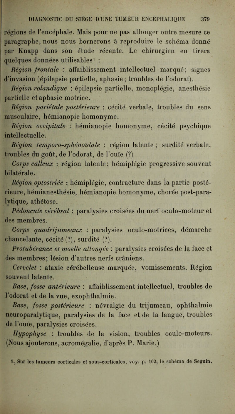 régions de l’encéphale. Mais pour ne pas allonger outre mesure ce paragraphe, nous nous bornerons à reproduire le schéma donné par Knapp dans son élude récente. Le chirurgien en tirera quelques données utilisables1 : Région frontale : affaiblissement intellectuel marqué; signes d’invasion (épilepsie partielle, aphasie; troubles de l’odorat). Région rolandique : épilepsie partielle, monoplégie, anesthésie partielle et aphasie motrice. Région pariétale postérieure : cécité verbale, troubles du sens musculaire, hémianopie homonyme. Région occipitale : hémianopie homonyme, cécité psychique intellectuelle. Région temporo-sphénoïdale : région latente ; surdité verbale, troubles du goût, de l’odorat, de l’ouïe (?) Corps calleux : région latente; hémiplégie progressive souvent bilatérale. Région optostriée : hémiplégie, contracture dans la partie posté- rieure, hémianesthésie, hémianopie homonyme, chorée post-para- lytique, athétose. Pédoncule cérébral : paralysies croisées du nerf oculo-moteur et des membres. Corps quadrijumeaux : paralysies oculo-motrices, démarche chancelante, cécité (?), surdité (?). Protubérance et moelle allongée : paralysies croisées de la face et des membres; lésion d’autres nerfs crâniens. Cervelet : ataxie cérébelleuse marquée, vomissements. Région souvent latente. Base, fosse antérieure : affaiblissement intellectuel, troubles de l’odorat et de la vue, exophthalmie. Base, fosse postérieure : névralgie du trijumeau, ophthalmie neuroparalytique, paralysies de la face et de la langue, troubles de l’ouïe, paralysies croisées. Hypophyse : troubles de la vision, troubles oculo-moteurs. (Nous ajouterons, acromégalie, d’après P. Marie.) 1. Sur les tumeurs corticales et sous-corticales, voy. p. 102, le schéma de Seguin.