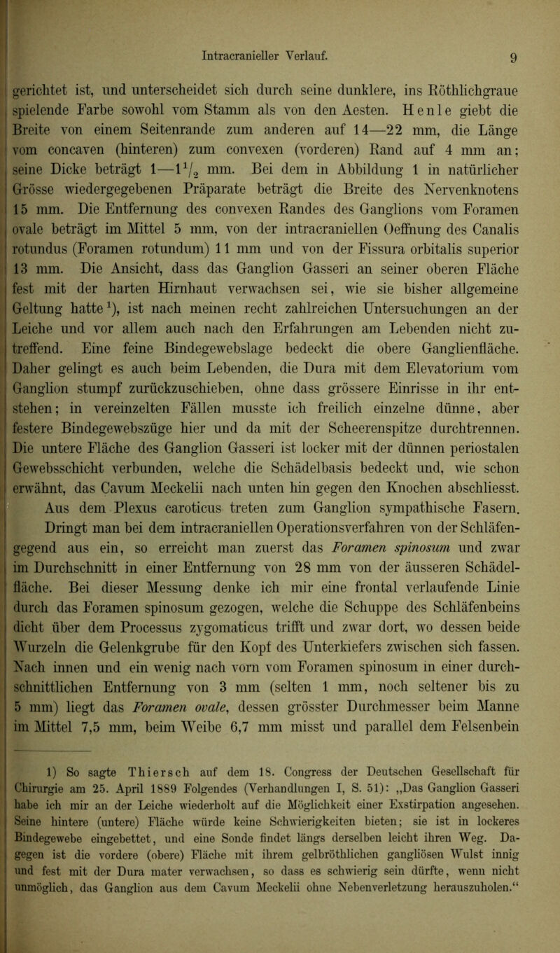 gerichtet ist, und unterscheidet sich durch seine dunklere, ins Bôthlichgraue spielende Farbe sowohl vom Stamm als von den Aesten. H e n 1 e giebt die Breite von einem Seitenrande zum anderen anf 14—22 mm, die Lange vom concaven (hinteren) znm convexen (vorderen) Band auf 4 mm an; j seine Dicke betràgt 1—11/2 mm. Bei dem in Abbildung 1 in natürlicber ! Grosse wiedergegebenen Prâparate betràgt die Breite des Nervenknotens 15 mm. Die Entfernung des convexen Bandes des Ganglions vom Foramen | ovale betràgt im Mittel 5 mm, von der intracraniellen Oefîhung des Canalis I rotundns (Foramen rotundum) 11 mm und von der Fissura orbitalis superior 13 mm. Die Ansicht, dass das Ganglion Gasseri an seiner oberen Flâcbe fest mit der harten Hirnhaut verwaehsen sei, wie sie bisher allgemeine Geltung batte1), ist nach meinen recht zahlreichen Untersuchungen an der Leiche und vor allem aucb nacb den Erfahrungen am Lebenden niclit zu- treffend. Eine feine Bindegewebslage bedeckt die obéré Ganglienflâche. Daher gelingt es aucb beim Lebenden, die Dura mit dem Elevatorium vom Ganglion stumpf zurückzuscbieben, obne dass grôssere Einrisse in ihr ent- stehen; in vereinzelten Fâllen musste icb freilicb einzelne diinne, aber festere Bindegewebszüge hier und da mit der Scbeerenspitze durchtrennen. Die untere Flâcbe des Ganglion Gasseri ist locker mit der dünnen periostalen Gewebsscbicbt verbunden, welche die Scbâdelbasis bedeckt und, wie scbon erwàbnt, das Cavum Meckelii nacb unten bin gegen den Knochen abscbliesst. Aus dem Plexus caroticus treten zum Ganglion sympathische Fasern. Dringt man bei dem intracraniellen Operationsverfabren von der Schlâfen- gegend aus ein, so erreicbt man zuerst das Foramen spinosum und zwar im Durcbschnitt in einer Entfernung von 28 mm von der àusseren Scbâdel- flâche. Bei dieser Messung denke icb mir eine frontal verlaufende Linie ; durcb das Foramen spinosum gezogen, welche die Schuppe des Schlàfenbeins dicbt über dem Processus zygomaticus trifft und zwar dort, wo dessen beide Wurzeln die Gelenkgrube fur den Kopf des Unterkiefers zwischen sich fassen. Nach innen und ein wenig nacb vorn vom Foramen spinosum in einer durch- schnittlicben Entfernung von 3 mm (selten 1 mm, noch seltener bis zu 5 mm) liegt das Foramen ovale, dessen grôsster Durchmesser beim Manne im Mittel 7,5 mm, beim Weibe 6,7 mm misst und parallel dem Felsenbein 1) So sagte Thiersch auf dem 18. Congress der Deutschen Gesellsckaft fur Chirurgie am 25. April 1889 Folgendes (Yerhandlungen I, S. 51): „Das Ganglion Gasseri ! habe ich mir an der Leiche wiederholt auf die Môglichkeit einer Exstirpation angesehen. Seine hintere (untere) Flàche wiirde keine Schwierigkeiten bieten; sie ist in lockeres Bindegewebe eingebettet, und eine Sonde findet lângs derselben leicbt ibren Weg. Da- j gegen ist die vordere (obéré) Flàche mit ihrem gelbrotblicben gangliôsen Wulst innig : und fest mit der Dura mater verwaehsen, so dass es scbwierig sein diirfte, wenn niebt unmoglich, das Ganglion aus dem Cavum Meckelii obne Nebenverletzung berauszuholen.“