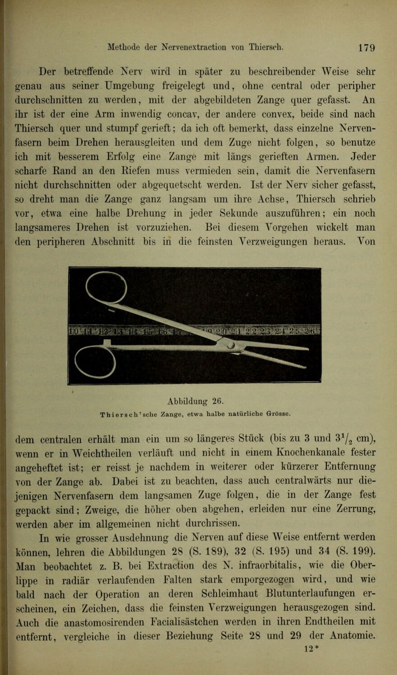Der betreffende Nerv wird in spâter zu beschreibender Weise sehr genau aus seiner Umgebnng freigelegt und, ohne central oder peripker durchscbnitten zu werden, mit der abgebildeten Zange quer gefasst. An ihr ist der eine Arm inwendig concav, der andere convex, beide sind nach Thierseh quer und stumpf gerieft ; da ich oft bemerkt, dass einzelne Nerven- fasern beim Drehen herausgleiten und dem Zuge nicht folgen, so benutze ich mit besserem Erfolg eine Zangè mit làngs gerieften Armen. Jeder scharfe Rand an den Riefen muss vermieden sein, damit die Nervenfasern nicht durchschnitten oder abgequetscht werden. Ist der Nerv sicher gefasst, so dreht man die Zange ganz langsam um ihre Achse, Thierseh schrieb vor, etwa eine halbe Drehung in jeder Sekunde auszufïïhren; ein noch langsameres Drehen ist vorzuziehen. Bei diesem Yorgehen wickelt man den peripheren Abschnitt bis in die feinsten Yerzweigungen heraus. Yon Abbildung 26. Thierseh’sche Zange, etwa halbe natürliche Grosse. dem centralen erhâlt man ein um so lângeres Stück (bis zu 3 und 3% cm), wenn er in Weichtheilen verlauft und nicht in einem Knochenkanale tester angeheftet ist; er reisst je nachdem in weiterer oder kürzerer Entfernung von der Zange ab. Dabei ist zu beachten, dass auch centralwârts nur die- jenigen Nervenfasem dem langsamen Zuge folgen, die in der Zange fest gepackt sind; Zweige, die hôher oben abgehen, erleiden nur eine Zerrung, werden aber im allgemeinen nicht durchrissen. In wie grosser Ausdehnung die Nerven auf diese Weise entfernt werden konnen, lehren die Abbildungen 28 (S. 189), 32 (S. 195) und 34 (S. 199). Man beobachtet z. B. bei Extraction des N. infraorbitalis, wie die Ober- lippe in radiâr verlaufenden Ealten stark emporgezogen wird, und wie bald nach der Operation an deren Schleimhaut Blutunterlaufungen er- scheinen, ein Zeichen, dass die feinsten Yerzweigungen herausgezogen sind. Auch die anastomosirenden Facialisàstchen werden in ihren Endtheilen mit entfernt, vergleiche in dieser Beziehung Seite 28 und 29 der Anatomie. 12*