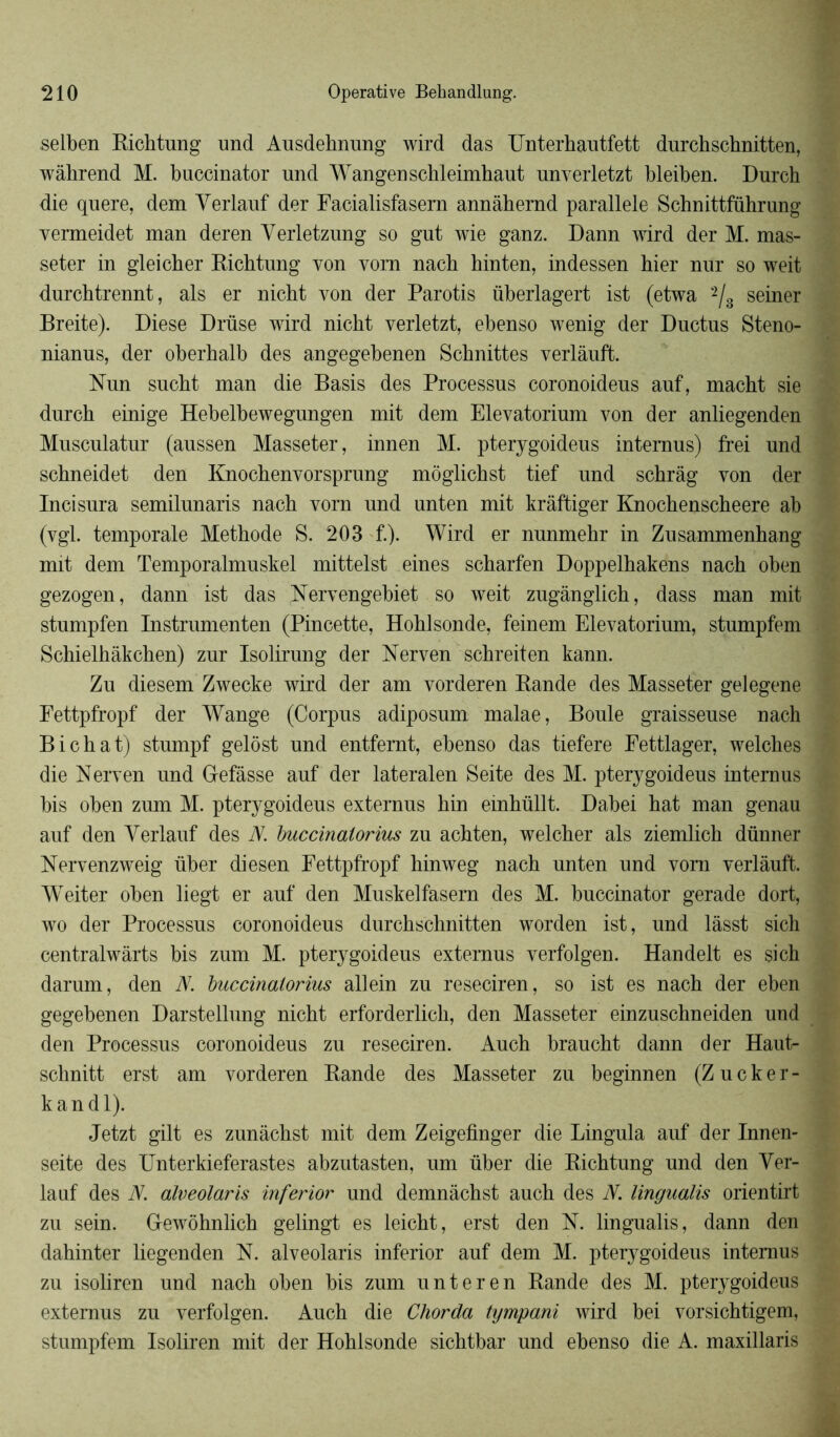 selben Richtung und Ausdehnung wird das Unterhautfett durchschnitten, wâhrend M. buccinator und Wangenschleimhaut unverletzt bleiben. Durch die quere, dem Yerlauf der Facialisfasern annàhemd parallèle Schnittführung vermeidet man deren Yerletzung so gut wie ganz. Dann wird der M. mas- seter in gleicber Richtung von vorn nacb hinten, indessen hier nur so weit durchtrennt, als er nicht von der Parotis überlagert ist (etwa 2/3 seiner Breite). Diese Drüse wird nicht verletzt, ebenso wenig der Ductus Steno- nianus, der oberhalb des angegebenen Schnittes verlàuffc. Nun sucht man die Basis des Processus coronoideus auf, macht sie durcb einige Hebelbewegungen mit dem Elevatorium von der anliegenden Musculatur (aussen Masseter, innen M. pterygoideus intemus) frei und scbneidet den Knochenvorsprung môglicbst tief und schrâg von der Incisura semilunaris nacb vorn und unten mit krâffciger Knochenscheere ab (vgl. temporale Méthode S. 203 f.). Wird er nunmehr in Zusammenhang mit dem Temporalmuskel mittelst eines scharfen Doppelhakens nach oben gezogen, dann ist das Nervengebiet so weit zugânglich, dass man mit stumpfen Instrumenten (Pincette, Hohlsonde, feinem Elevatorium, stumpfem Schielhâkchen) zur Isolirung der Nerven schreiten kann. Zu diesem Zwecke wird der am vorderen Rande des Masseter gelegene Fettpfropf der Wange (Corpus adiposum malae, Boule graisseuse nach Bichat) stumpf gelôst und entfernt, ebenso das tiefere Fettlager, welches die Nerven und (refasse auf der lateralen Seite des M. pterygoideus internus bis oben zum M. pterygoideus externus hin emhüllt. Dabei hat man genau auf den Yerlauf des Y. buccinatorius zu achten, welcher als ziemlich dünner Nervenzweig über diesen Fettpfropf hinweg nach unten und vorn verlàuffc. Weiter oben liegt er auf den Muskelfasern des M. buccinator gerade dort, wo der Processus coronoideus durchschnitten worden ist, und lâsst sich centralwârts bis zum M. pterygoideus externus verfolgen. B[andelt es sich darum, den N. buccinatorius allein zu reseciren, so ist es nach der eben gegebenen Darstellung nicht erforderlich, den Masseter einzuschneiden und den Processus coronoideus zu reseciren. Auch braucht dann der Haut- schnitt erst am vorderen Rande des Masseter zu beginnen (Zucker- kandl). Jetzt gilt es zunàchst mit dem Zeigefinger die Lingula auf der Innen- seite des Unterkieferastes abzutasten, um über die Richtung und den Yer- lauf des N. alveolaris inferior und demnàchst auch des N. lingualis orientirt zu sein. Gewôhnlich gelingt es leicht, erst den N. lingualis, dann den dahinter liegenden N. alveolaris inferior auf dem M. pterygoideus internus zu isoliren und nach oben bis zum unteren Rande des M. pterygoideus externus zu verfolgen. Auch die Chorda tympani wird bei vorsichtigem, stumpfem Isoliren mit der Hohlsonde sichtbar und ebenso die A. maxillaris