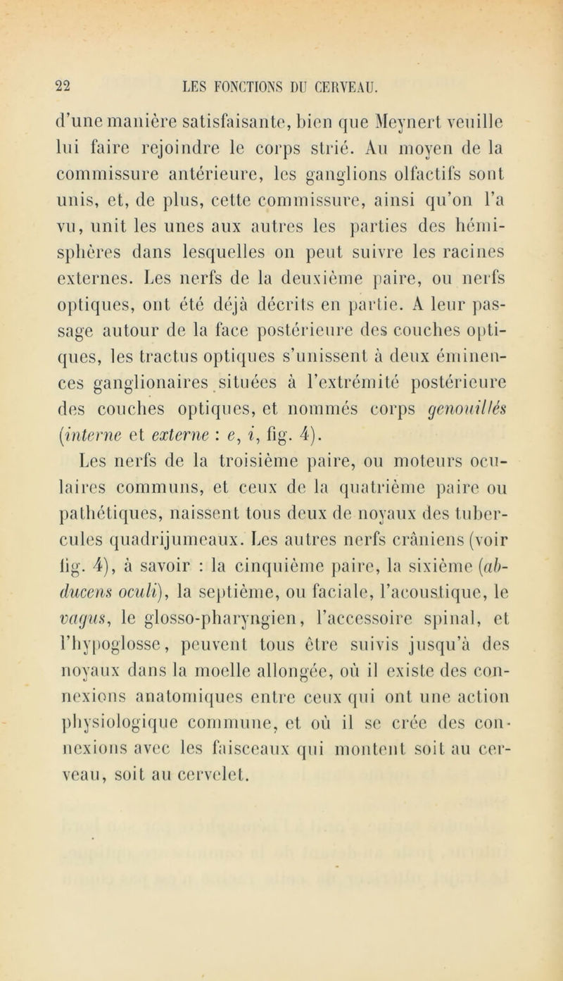 d’une maniere satisfaisante, bien que Meynert veuille lui faire rejoindre le corps strie. An moyen de la commissure anterieure, lcs ganglions olfactifs sout unis, et, de plus, cette commissure, ainsi qu’on l’a yu, unit les unes aux autres les parties des hemi- spheres dans lesquelles on pent suivre les racines externes. Les nerfs de la deuxieme paire, ou nerfs optiques, out ete deja deceits en partie. A leur pas- sage autour de la face posterieure des couches opti- ques, les tractus optiques s’unissent a deux eminen- ces ganglionaires situees a l’extremite posterieure des couches optiques, et nommes corps genoililies (■interne et externe : e, i, fig. 4). Les nerfs de la troisieme paire, ou moteurs ocu- laires communs, et c-eux de la quatrieme paire ou pathetiques, naissent tons deux de noyaux des tuber- cules quadrijumeaux. Les autres nerfs craniens (voir lig. 4), a savoir : la cinquieme paire, la sixieme (ab- ducens oculi), la septieme, ou faciale, l’acoustique, le vagus, le glosso-pharyngien, l’accessoire spinal, et l’hypoglosse, peuvent tons etre suivis jusqu’a des noyaux dans la moelle allongee, ou il existe des con- nexions anatomiques entre ceux qui ont une action physiologique commune, et ou il se cree des con- nexions avec les faisceaux qui montent soil, an cer- veau, soit au cervelet.