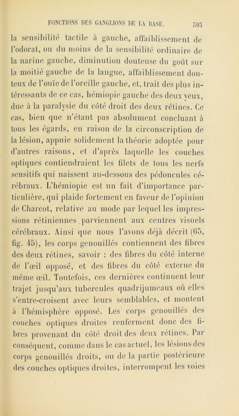 la sensibility tactile a gauche, affaiblissement de l’odorat, ou du moins de la sensibilite ordinaire de la narine gauche, diminution douteuse du gout sur la moitie gauche de la langue, affaiblissement dou- teux de l’ouie dc l’oreille gauche, ct, trait des plus in- teressants de ce cas, hemiopie gauche des deux yeux, due a la paralysie du cote droit des deux retines. Ce cas, bien que n’etant pas absolument concluant a tons les egards, en raison de la circonscription de la lesion, appuie solidement latheorie adoptee pour d’autres raisons, et d’apres laquelle les couches optiques contiendraient les filets de tous les nerfs sensitifs qui naissent au-dessous des pedoncules ce- rebraux, L’hemiopie est un fait d’importance par- ticuliere, qui plaide fortement en faveur de l’opinion de Charcot, relative au mode par lcquel les impres- sions retiniennes .parviennent aux centres visuels cerebraux. Ainsi que nous l’avons deja decrit (65, fig. 45), les corps genouilles contiennent des fibres des deux retines, savoir : des fibres du cote interne de l’oeil oppose, et des fibres du cote externe du meme ceil. Toutefois, ces dernieres continuent leur trajet jusqu’aux tubercules quadrijumeaux ou ellcs s’entre-cfoisent avec lours semblablcs, et montent a fhemisphere oppose. Les corps genouilles des couches optiques droites renferment done des fi- bres provenant du cote droit des deux retines. Par consequent, commcdans le casactuel, les lesions des corps genouilles droits, ou de la partie posterieure des couches optiques droites, interrompent les voics