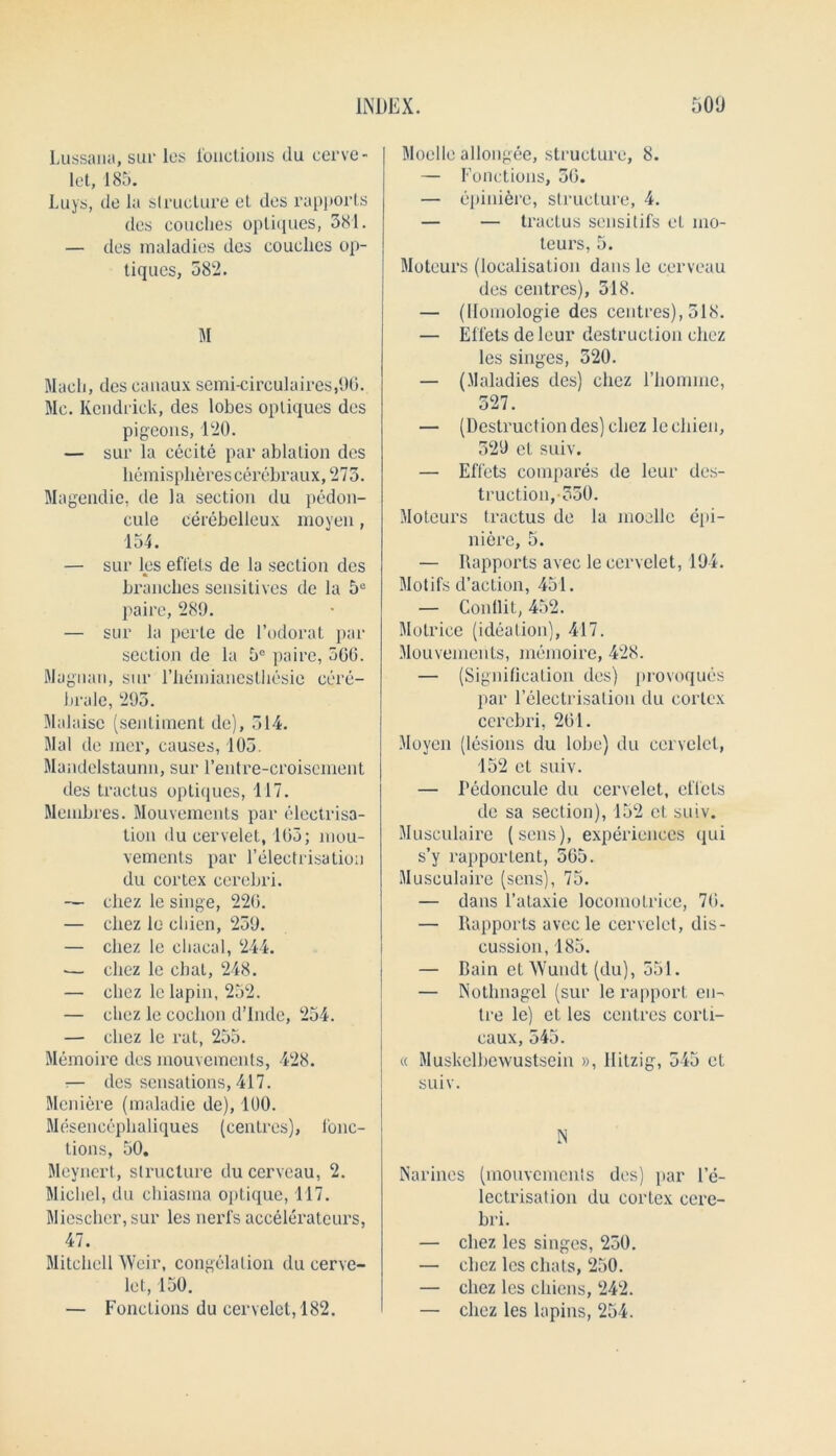 Lussana, sur les fonctions clu cerve- lct, 185. Luys, do la structure et des rapports dos couclies optiques, 381. — des maladies des couches op- tiques, 582. M Mach, des eattaux semi-circulaires,9G. Me. Kendrick, des lobes optiques des pigeons, 120. — sur la cecite par ablation des hemispheres cerebraux, 275. Magendie, de la section du pedon- cule ceiebelleux moyen, 154. — sur les effets de la section des branches sensitives de la 5e pairc, 289. — sur la perle de l’odorat par section de la 5° pairc, 5G6. Maguan, sur riieinianesthesic cere- brale, 293. Malaise (sentiment do), 514. Mai de mer, causes, 105. Mandelstaunn, sur l’entre-croisement des tractus optiques, 117. Membres. Mouvements par electrisa- tion du cervelet, 103; mou- vements par 1’electrisatiou du cortex cerebri. — chez lc singe, 220. — chez le cbien, 259. — chez le cliacal, 244. •— chez le chat, 248. — chez le lapin, 252. — chez le cochon d’Inde, 254. — chez le rat, 255. Memoire des mouvements, 428. — des sensations, 417. Meniere (maladie de), 100. Mesencephaliques (centres), fonc- tions, 50. Meynert, structure ducerveau, 2. Michel, du chiasma optique, 117. Mieschcr, sur les nerfs accelerateurs, 47. Mitchell Weir, congelation du cerve- let, 150. — Functions du cervelet, 182. Moelle allongee, structure, 8. — Fonctions, 30. — epini&re, structure, 4. — — tractus sensitifs et ino- teurs, 5. Moteurs (localisation dans le cerveau des centres), 318. — (Ilomologie des centres), 518. — Effets de leur destruction chez les singes, 320. — (Maladies des) chez l’homme, 527. — (Destruction des) chez le chien, 529 et suiv. — Effets compares de leur des- truction,-550. Moteurs tractus de la moelle epi- niere, 5. — Rapports avec le cervelet, 194. Motifs d’action, 451. — Conllit, 452. Molrice (ideation), 417. Mouvements, memoire, 428. — (Signification des) provoques par l’electrisation du cortex cerebri, 201. Moyen (lesions du lobe) du cervelet, 152 et suiv. — Pedonculc du cervelet, effets de sa section), 152 et suiv. Musculaire (sens), experiences qui s’y rapportent, 505. Musculaire (sens), 75. — dans l’ataxie locomolrice, 70. — Rapports avcele cervelet, dis- cussion, 185. — Rain et Wundt (du), 551. — Nothnagcl (sur le rapport en- Ire le) et les centres corti- caux, 545. « Muskelbewustsein », Hitzig, 545 et suiv. N Narines (mouvements des) par l’e- lectrisation du cortex cere- bri. — chez les singes, 250. — chez les chats, 250. — chez les chiens, 242. — chez les lapins, 254.