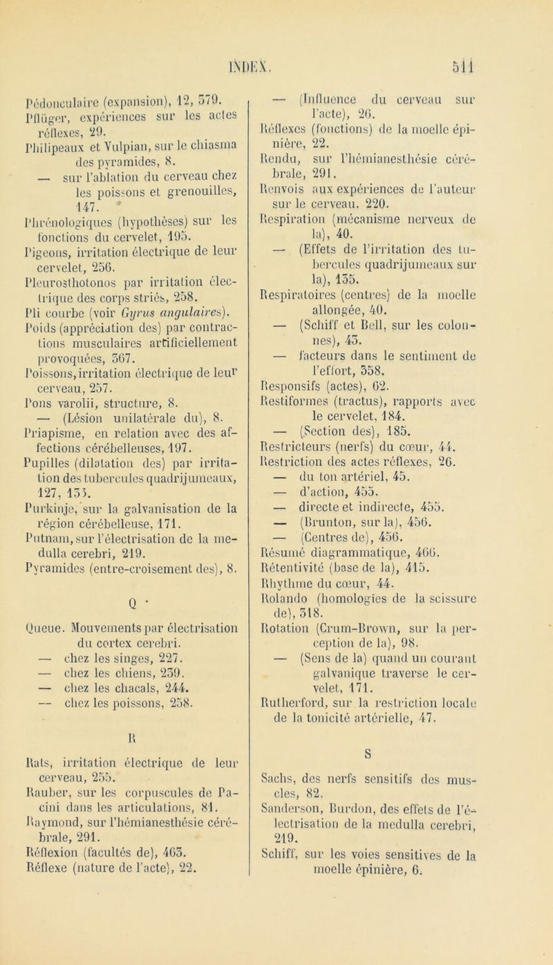 Pcdonculaire (expansion), 12, 579. I'll tiger, experiences sur les acles reflexes, 29. I’Jiilipeaux et Vulpian, sur le cliiasma des pyramides, 8. — sur l’ablation du cerveau chez les poissons et grenouilles, 147. Phrenologiques (hypotheses) sur les tonctions du cervelet, 195. Pigeons, irritation eleetrique de leur cervelet, 256. Pleuroslhotonos par irritation clec- Irique des corps stries, 258. Pli courbe (voir Gyrus angulaires). l’oids (appreciation des) par contrac- tions musculaires arCificielleraent provoquees, 567. Poissons, irritation eleetrique de leur cerveau, 257. Pons varolii, structure, 8. — (Lesion unilateral du), 8. Priapisme, en relation avec des af- fections cerebelleuses, 197. Pupilles (dilatation des) par irrita- tion des tubcreules quadrijumcaux, 127, 155. Purkinje, sur la galvanisation de la region cerebelleuse, 171. Putnam, sur l’electrisation de la me- dulla cerebri, 219. Pyramides (entre-croisement des), 8. Q • Queue. Mouvements par electrisation du cortex cerebri. — chez les singes, 227. — chez les chiens, 239. — chez les chacals, 244. — chez les poissons, 258. Rats, irritation eleetrique de leur cerveau, 255. Rauber, sur les corpuscules de Pa- cini dans les articulations, 81. Raymond, sur l’hemianesthesie cere- brate, 291. Reflexion (facultes de), 463. Reflexe (nature de l’acte), 22. — (Influence du cerveau sur l’acte), 26. Reflexes (tonctions) de la nioelle epi- niere, 22. Rendu, sur l’hemianesthesie cere- brale, 291. Renvois aux experiences de hauteur sur le cerveau. 220. Respiration (mecanisme nerveux do la), 40. — (Effets de l’irritation des lu- hercules quadrijumcaux sur la), 155. Respiraloires (centres) de la nioelle al Ion gee, 40. — (Schiff et Bell, sur les colon- nes), 43. — facteurs dans le sentiment de hefiort, 358. Responsifs (actes), 02. Restiformes (tractus), rapports avec le cervelet, 184. — (.Section des), 185. Restricteurs (nerfs) du cocur, 44. Restriction des actes reflexes, 26. — du ton arteriel, 45. — d’action, 455. — directe et indirecte, 455. — (Brunton, sur la), 456. — (Centres de), 456. Resume diagrammatique, 466. Retentivite (base de la), 415. Rhythme du coeur, 44. Rolando (homologies de la scissure de), 518. Rotation (Crum-Brown, sur la per- ception de la), 98. — (Sens de la) quand un couraut galvanique traverse le cer- velet, 171. Rutherford, sur la restriction locale de la tonicite arterielle, 47. S Sachs, des nerfs sensitifs des mus- cles, 82. Sanderson, Burdon, des effets de 1’e- lectrisatioi) de la medulla cerebri, 219. Schiff, sur les voies sensitives de la nioelle epiniere, 6.