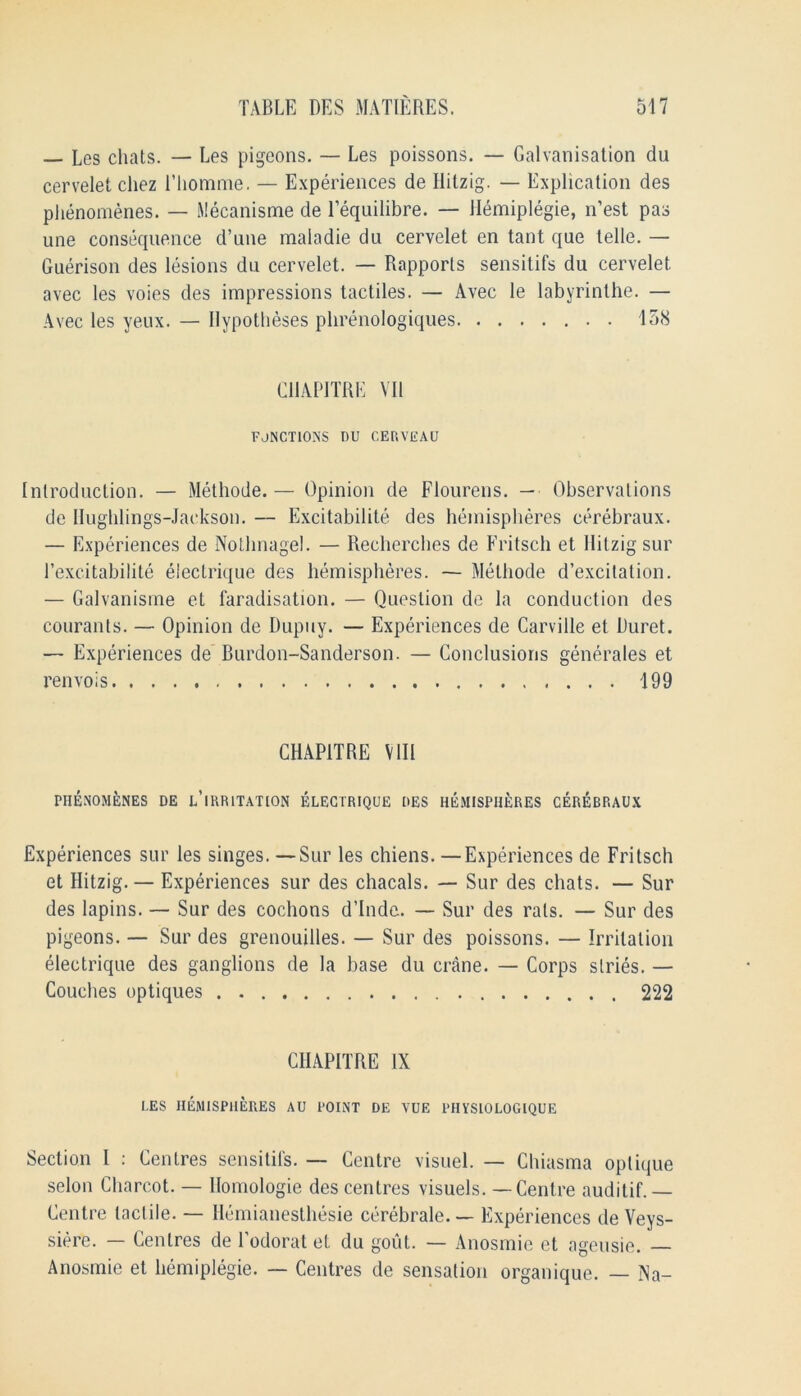 — Les chats. — Les pigeons. — Les poissons. — Galvanisation du cervelet cliez lTiomme. — Experiences de Hitzig. — Explication des plienomenes. — Mecanisme de l’equilibre. — Hemiplegie, n’est pas une consequence d’nne maladie du cervelet en tant que telle. — Guerison des lesions du cervelet. — Rapports sensitifs du cervelet avec les voies des impressions tactiles. — Avec le labyrinthe. — Avec les yeux. — Hypotheses plirenologiques 158 C11APITRE VII FUNCTIONS DU CERVEAU Introduction. — Methode. — Opinion de Flourens. — Observations de Hughlings-Jaekson. — Excitabilite des hemispheres cerebraux. — Experiences de Nothnagel. — Recherches de Fritsch et Hitzig sur Pexcitabilite eiectrique des hemispheres. — Methode d’excitalion. — Galvanisme et faradisation. — Question de la conduction des courants. — Opinion de Dupuy. — Experiences de Carville et Duret. — Experiences de Burdon-Sanderson. — Conclusions generates et renvois 199 CHAP1TRE VIII P1IENOMENES DE L’lRRlTATlON ELECTRIQUE DES HEMISPHERES CEREBRAUX Experiences sur les singes. —Sur les chiens. —Experiences de Fritsch et Hitzig. — Experiences sur des chacals. — Sur des chats. — Sur des lapins. — Sur des cochons d’lnde. — Sur des rats. — Sur des pigeons. — Sur des grenouilles. — Sur des poissons. — Irritation eiectrique des ganglions de la base du crane. — Corps slries. — Couches optiques . 222 CHAPITRE IX LES HEMISPHERES AU POINT DE VUE PHYSIOLOGIQUE Section I : Centres sensitifs. — Centre visuel. — Chiasma oplique selon Charcot. — Homologie des centres visuels. —Centre auditif.— Centre tactile. — Hemianesthesie cerebrate.— Experiences de Veys- siere. — Centres de l’odorat et du gout. — Anosmie et ageusie. Anosmie et hemiplegie. — Centres de sensation organique. — Na-