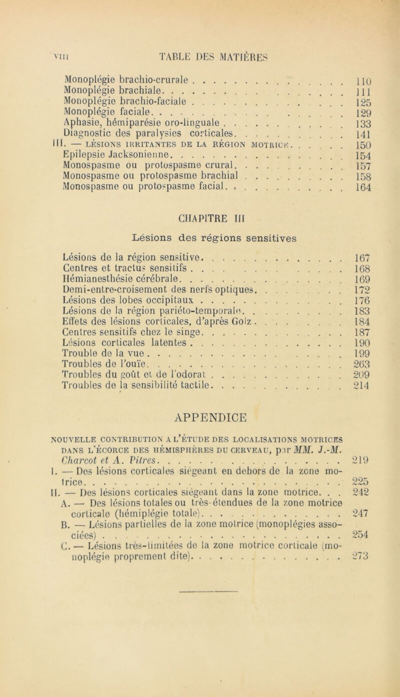 Monoplegie bracliio-crurale 110 Monoplegie brachiale HI Monoplegie brachio-faciale 125 Monoplegie faciale. . 129 Aphasie, hemiparesie oro-linguale _ 133 Diagnostic des paralysies corticales 141 111. — LESIONS IHRITANTES DE LA REGION MOT RICK . ..... 150 Epilepsie Jacksonienne 154 Monospasme ou protospasme crural 157 Monospasme ou protospasme brachial 158 Monospasme ou protospasme facial. , 164 CIIAPITRE III Lesions des regions sensitives Lesions de la region sensitive 167 Centres et traclus sensilifs 168 Hemianesthesie cerebrale 169 Domi-entre-croisement des nerl's optiques 172 Lesions des lobes occipitaux . . 176 Lesions de la region parieto-temporaln 183 Effets des lesions corticales, d’apres Golz . ...... 184 Centres sensitifs chez le singe 187 Lesions corticales latentes 190 Trouble de la vue 199 Troubles de Toui'e. . 263 Troubles du gout et de l odorat . 209 Troubles de ia sensibilite tactile 214 APPENDICE NOUVELLE CONTRIBUTION A l’eTUDE DES LOCALISATIONS MOTRICES DANS L’ECORCE DES HEMISPHERES DU CERVEAU, par MM. J.-M. Charcot et A. Pitres 219 I. — Des lesions corticales siegeant en dehors de la zone mo- trice. 225 II. — Des lesions corticales siegeant dans la zone motrice. . . 242 A. — Des lesions totales ou tres-etendues de la zone motrice corticale (hemiplegie totale) 247 B. — Lesions partielies de la zone motrice (monoplegies asso- ciees) 254 C. — Lesions tres-limitees de la zone motrice corticale (mo- noplegie proprement dite) 273