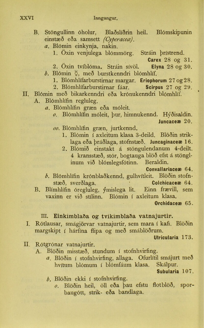B. Stöngullinn óholur, Blaðslíðrin heil. Blómskipunin einstæð eða samsett (Cyperaceœ). a. Blómin einkynja, nakin. 1. Öxin venjulega blómmörg. Stráin þrístrend. Carex 28 og 31. 2. Öxin tvíblóma. Stráin sívöl. Elyna 28 og 30. b. Blómin 9, með burstkenndri blómhlíf. 1. Blómhlífarburstirnar margar. Eriophorum 27 og28. 2. Blómhlífarburstirnar fáar. Scirpus 27 og 20. II. Blómin með bikarkenndri eða krónukenndri blómhlíf. A. Blómhlífin regluleg. a. Blómhlífin græn eða móleit. o. Blómhlífin móleit, þur, himnukennd. Hýðisaldin. Juncaceæ 20. 00. Blómhlífin græn, jurtkennd. 1. Blómin í axleitum klasa 3-deild. Blöðin strik- laga eða þráðlaga, stofnstæð. Juncaginaceæ 16. 2. Blómið einstakt á stöngulendanum 4-deilt. 4 kransstæð, stór, bogtauga blöð efst á stöngl- inum við blómlegsfótinn. Beraldin. Convallariaceæ 64. b. Blómhlífin krónblaðkennd, gulhvítleit. Blöðin stofn- stæð, sverðlaga. * Colchicaceæ 64. B. Blímhlífin óregluleg, ýmislega lit. Einn frævill, sem vaxinn er við stílinn. Blómin í axleitum klasa. Orchidaceæ 65. III. Einklmblaða og tvíkímblaða vatnajurtir. I. Rótlausar, smágjörvar vatnajurtir, sem mara í kafi. Blöðin margskipt í hárfína flipa og með smáblöðrum. Utricularia 173. II. Rótgrónar vatnajurtir. A. Blöðin misstæð, stundum í stofnhvirfing. a. Blöðin í stofnhvirfing, allaga. Ofurlítil smájurt með hvítum blómum í blómfáum klasa. Skálpur. Subularia 107. b. Blöðin ekki í stofnhvufing. 0. Blöðin heil, öll eða þau efstu flotblöð, spor- baugótt, strik- eða bandlaga.