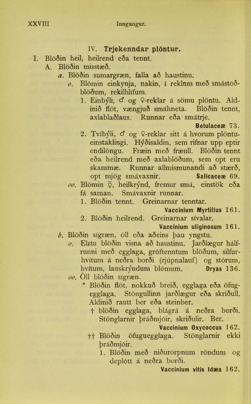 IV. Trjekenndar plöntur. I. Blöðin heil, heilrend eða tennt. A. Blöðin misstæð. a. Blöðin sumargræn, falla að haustinu. o. Blómin einkynja, nakin, í reklum með smástoð- blöðum, rekilhlífum. 1. Einbýli, cf og $-reklar á sömu plöntu. Ald- inið flöt, vængjuð smáhneta. Blöðin tennt, axlablaðlaus. Runnar eða smátije. Betulaceæ 73. 2. Tvíbýli, d og $-reklar sitt á hvorum plöntu- einstaklingi. Hýðisaldin, sem rifnar upp eptir endilöngu. Fræin með fræull. Blöðin tennt eða heilrend með axlablöðum, sem opt eru skammæ. Runnar allmismunandi að stærð, opt mjög smávaxnir. Sallcaceæ 69. oo. Blómin Q, heilkrýnd, fremur smá, einstök eða fá saman. Smávaxnir runnar. 1. Blöðin tennt. Greinarnar tenntar. Vaccinium Myrtillus 161. 2. Blöðin heilrend. Greinarnar sívalar. Vaccinium uliginosum 161. b. Blöðin sígræn, öll eða aðeins þau yngstu. o. Elztu blöðin visna að haustinu. Jarðlægur hálf- runni með egglaga, gróftenntum blöðum, silfur- hvítum á neðra borði (rjúpnalauf) og stórum, hvítum, lauskrýndum blómum. Dryas 136. 00. Öll blöðin sígræn. * Blöðin flöt, nokkuð breið, egglaga eða öfug- egglaga. Stöngullinn jarðlægur eða skriðull. Aldinið rautt ber eða steinber. f blöðin egglaga, blágrá á neðra borði. Stönglarnir þráðmjóir, skriðulir. Ber. Vaccinium Oxycoccus 162. ff Blöðin öfuguegglaga. Stönglarnir ekki þráðmjóir. 1. Blöðin með niðurorpnum röndum og deplótt á neðra borði. Vaccinium vitis Idæa 162.