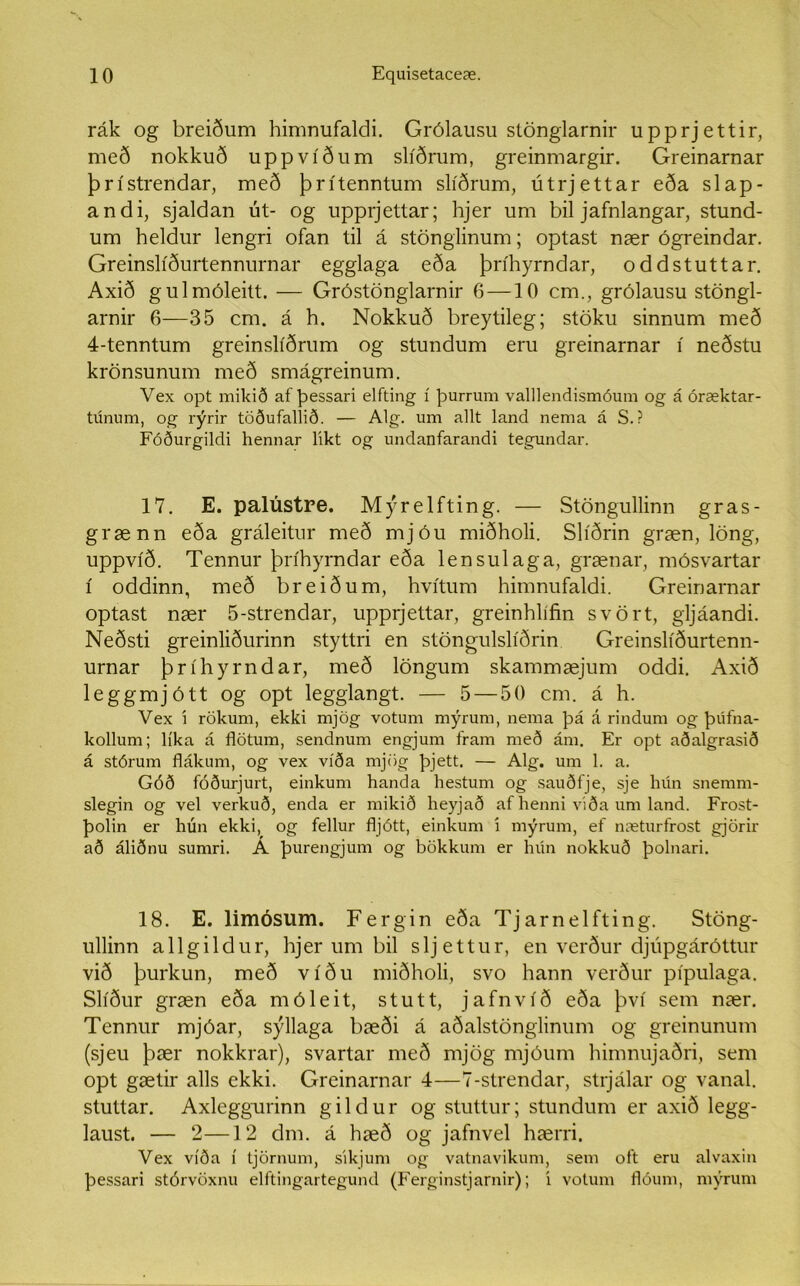 rák og breiðum himnufaldi. Grólausu stönglarnir upprjettir, með nokkuð uppvíðum slíðrum, greinmargir. Greinarnar þrístrendar, með þrítenntum slíðrum, útrjettar eða slap- andi, sjaldan út- og upprjettar; hjer um bil jafnlangar, stund- um heldur lengri ofan til á stönglinum; optast nær ógreindar. Greinslíðurtennurnar egglaga eða þríhyrndar, oddstuttar. Axið gulmóleitt. — Gróstönglarnir 6 —10 cm., grólausu stöngl- arnir 6—35 cm. á h. Nokkuð breytileg; stöku sinnum með 4-tenntum greinslíðrum og stundum eru greinarnar í neðstu krönsunum með smágreinum. Vex opt mikið af þessari elfting í þurrum valllendismóum og á óræktar- túnum, og rýrir töðufallið. — Alg. um allt land nema á S.? Fóðurgildi hennar likt og undanfarandi tegundar. 17. E. palústre. Mýrelfting. — Stöngullinn gras- grænn eða gráleitur með mjóu miðholi. Slíðrin græn, löng, uppvíð. Tennur þríhyrndar eða lensulaga, grænar, mósvartar í oddinn, með breiðum, hvítum himnufaldi. Greinarnar optast nær 5-strendar, upprjettar, greinhlífin svört, gljáandi. Neðsti greinliðurinn styttri en stöngulslíðrin Greinslíðurtenn- urnar þríhyrndar, með löngum skammæjum oddi. Axið leggmjótt og opt legglangt. — 5 — 50 cm. á h. Vex i rökum, ekki mjög votum mýrum, nema þá á rindum og þúfna- kollum; líka á flötum, sendnum engjum fram með ám. Er opt aðalgrasið á stórum flákum, og vex víða mjög þjett. — Alg. uin 1. a. Góð fóðurjurt, einkum handa hestum og sauðfje, sje hún snemm- slegin og vel verkuð, enda er mikið heyjað af henni viða um land. Frost- þolin er hún ekki, og fellur fljótt, einkum í mýrum, ef næturfrost gjörir að áliðnu sumri. A þurengjum og bökkum er hún nokkuð þolnari. 18. E. limósum. Fergin eða Tjarnelfting. Stöng- ullinn allgildur, hjer um bil sljettur, en verður djúpgáróttur við þurkun, með víðu miðholi, svo hann verður pípulaga. Slíður græn eða móleit, stutt, jafnvíð eða því sem nær. Tennur mjóar, sýllaga bæði á aðalstönglinum og greinunum (sjeu þær nokkrar), svartar með mjög mjóum himnujaðri, sem opt gætir alls ekki. Greinarnar 4—7-strendar, strjálar og vanal. stuttar. Axleggurinn gildur og stuttur; stundum er axið legg- laust. — 2—12 dm. á hæð og jafnvel hærri. Vex víða í tjörnum, sikjum og vatnavikum, sem oft eru alvaxin þessari stórvöxnu elftingartegund (Ferginstjarnir); i votum flóum, mýrum