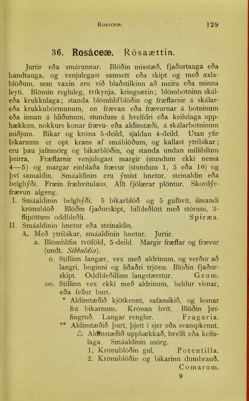 36. Rosáceæ. Rósaættin. Jurtir eða smárunnar. Blöðin misstæð, fjaðurtauga eða handtauga, og venjulegast samsett eða skipt og með axla- blöðum, sem vaxin eru við blaðstilkinn að meira eða minna leyti. Blómin regluleg, tvíkynja, kringsætin; blómbotninn skál- eða krukkulaga; standa blómhlífblöðin og fræflarnir á skálar- eða krukkubörmunum, en frævan eða frævurnar á botninum eða innan á hliðunum, stundum á hvelfdri eða keilulaga upp- hækkun, nokkurs konar frævu- eða aldinstæði, á skálarbotninum miðjum. Bikar og króna 5-deild, sjaldan 4-deild. Utan yfir bikarnum er opt krans af smáblöðum, og kallast ytribikar; eru þau jafnmörg og bikarblöðin, og standa undan millibilum þeirra. Fræflarnir venjulegast margir (stundum ekki nema 4—5) og margar einblaða frævur (stundum 1, 5 eða 10) og því samaldin. Smáaldinin eru ýmist hnetur, steinaldin eða belghýði. Fræin fræhvítulaus. Allt fjölærar plöntur. Skordýr- frævun algeng. I. Smáaldinin belghýði. 5 bikarblöð og 5 gulhvít, ilmandi krónublöð Blöðin fjaðurskipt, bilbleðlótt með stórum, 3- flipóttum oddbleðli. Spiræa. II. Smáaldinin hnetur eða steinaldin. A. Með ytribikar, smáaldinin hnetur. Jurtir. a. Blómhlífin tvöföld, 5-deild Margir fræflar og frævur (undt. Sibbaldia). o. Stíllinn langær, vex með aldrinum, og verður að langri, boginni og liðaðri trjónu. Blöðin fjaður- skipt. Oddbleðillinn langstærstur. Geum. oo. Stíllinn vex ekki með aldrinum, heldur visnar, eða fellur burt. * Aldinstæðið kjötkennt, safamikið, og losnar frá bikarnum. Krónan hvít. Blöðin þrí- fingruð. Langar renglur. Fragaria. ** Aldinstæðið þurt, þjett í sjer eða svampkennt. A Aldinstæðið upphækkað, hvelft eða keilu- laga. Smáaldinin mörg. 1. Krónublöðin gul. Potentilla. 2. Krónublöðin og bikarinn dumbrauð. Comarum. 9