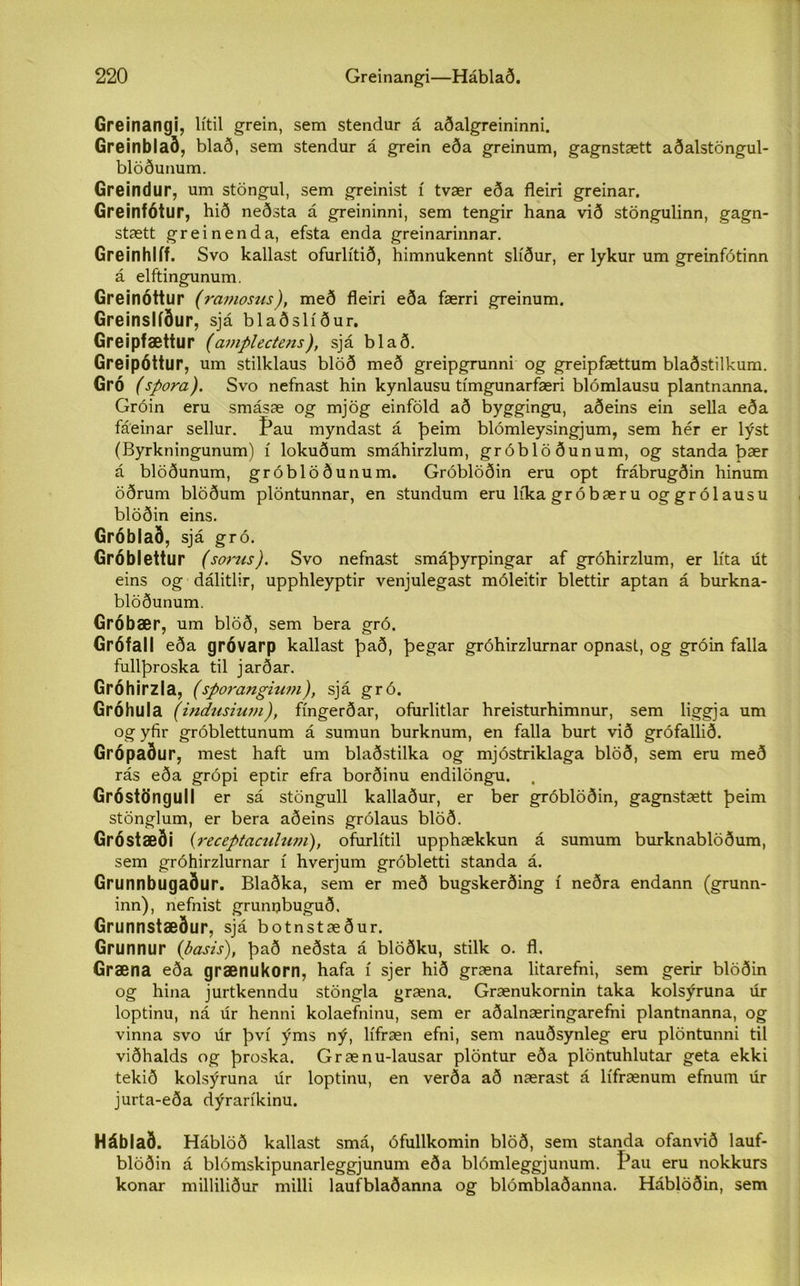 Greinangi, lítil grein, sem stendur á aðalgreininni. Greinblað, blað, sem stendur á grein eða greinum, gagnstætt aðalstöngul- blöðunum. Greindur, um stöngul, sem greinist í tvær eða fleiri greinar. Greinfótur, hið neðsta á greininni, sem tengir hana við stöngulinn, gagn- stætt greinenda, efsta enda greinarinnar. Greinhlíf. Svo kallast ofurlítið, himnukennt slíður, er lykur um greinfótinn á elftingunum. Greinóttur (ramosus), með fleiri eða færri greinum. Greinslfður, sjá blaðslíður. Greipfættur (amplectens), sjá blað. Greipóttur, um stilklaus blöð með greipgrunni og greipfættum blaðstilkum. Gró (spora). Svo nefnast hin kynlausu tímgunarfæri blómlausu plantnanna. Gróin eru smásæ og mjög einföld að byggingu, aðeins ein sella eða fáeinar sellur. Pau myndast á þeim blómleysingjum, sem hér er lýst (Byrkningunum) í lokuðum smáhirzlum, gróblöðunum, og standa þær á blöðunum, gróblöðunum. Gróblöðin eru opt frábrugðin hinum öðrum blöðum plöntunnar, en stundum eru lfka gr óbær u og gr ó 1 ausu blöðin eins. Gróblað, sjá gró. Gróblettur (sorus). Svo nefnast smáþyrpingar af gróhirzlum, er líta út eins og dálitlir, upphleyptir venjulegast móleitir blettir aptan á burkna- blöðunum. Gróbær, um blöð, sem bera gró. Grófall eða gróvarp kallast það, þegar gróhirzlurnar opnast, og gróin falla fullþroska til jarðar. Gróhirzla, (sporangium), sjá gró. Gróhula (indusium), fíngerðar, ofurlitlar hreisturhimnur, sem liggja um og yfir gróblettunum á sumun burknum, en falla burt við grófallið. Grópaður, mest haft um blaðstilka og mjóstriklaga blöð, sem eru með rás eða grópi eptir efra borðinu endilöngu. . Gróstöngull er sá stöngull kallaður, er ber gróblöðin, gagnstætt þeim stönglum, er bera aðeins grólaus blöð. Gróstæði (receptaculum), ofurlítil upphækkun á sumum burknablöðum, sem gróhirzlurnar í hverjum gróbletti standa á. Grunnbugaður. Blaðka, sem er með bugskerðing í neðra endann (grunn- inn), nefnist grumjbuguð, Grunnstæður, sjá botnstæður. Grunnur (basis), það neðsta á blöðku, stilk o. fl, Græna eða grænukorn, hafa í sjer hið græna litarefni, sem gerir blöðin og hina jurtkenndu stöngla græna. Grænukornin taka kolsýruna úr loptinu, ná úr henni kolaefninu, sem er aðalnæringarefni plantnanna, og vinna svo úr því ýms ný, lífræn efni, sem nauðsynleg eru plöntunni til viðhalds og þroska. Grænu-lausar plöntur eða plöntuhlutar geta ekki tekið kolsýruna úr loptinu, en verða að nærast á lífrænum efnum úr jurta-eða dýraríkinu. Háblað. Háblöð kallast smá, ófullkomin blöð, sem standa ofanvið lauf- blöðin á blómskipunarleggjunum eða blómleggjunum. IJau eru nokkurs konar milliliður milli laufblaðanna og blómblaðanna. Háblöðin, sem
