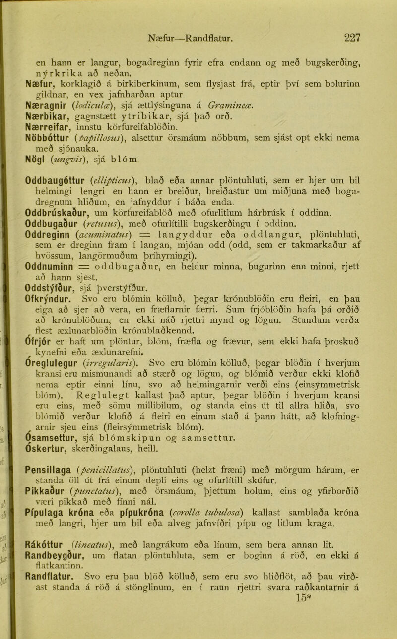 en hann er langur, bogadreginn fyTÍr efra endann og með bugskerðing, nýrkrika að neðan. Næfur. korklagið á birkiberkinum, sem flysjast frá, eptir því sem bolurinn gildnar, en vex jafnharðan aptur Næragnir (lodiculœ), sjá ættlýsinguna á Gramineœ. Nærbikar, gagnstætt ytribikar, sjá það orð. Nærreifar, innstu körfureifablöðin. Nöbbóttur (papillosus), alsettur örsmáum nöbbum, sem sjást opt ekki nema með sjónauka. Nögl (itngvis), sjá blóm. Oddbaugóttur (ellipticus), blað eða annar plöntuhluti, sem er hjer um bil helmingi lengri en hann er breiður, breiðastur um miðjuna með boga- dregnum hliðum, en jafnyddur í báða enda. Oddbrúskaður, um körfureifablöð með ofurlitlum hárbrúsk í oddinn. Oddbugaður (retusus), með ofurlítilli bugskerðingu í oddinn. Oddreginn (acuminatus) ■=. langyddur eða oddlangur, plöntuhluti, sem er dreginn fram í langan, mjóan odd (odd, sem er takmarkaður af hvössum, langörmuðum þríhyrningi). Oddnuminn — oddbugaður, en heldur minna, bugurinn enn minni, rjett að hann sjest. Oddstýfður, sjá þverstýfður. Ofkrýndur. Svo eru blómin kölluð, þegar krónublöðin eru fleiri, en þau eiga að sjer að vera, en fræflarnir færri. Sum frjóblöðin hafa þá orðið að krónublöðum, en ekki náð rjettri mynd og lögun. Stundum verða flest æxlunarblöðin krónublaðkennd. r Ofrjór er haft um plöntur, blóm, fræfla og frævur, sem ekki hafa þroskuð kynefni eða æxlunarefni. Oreglulegur (irregularis). Svo eru blómin kölluð, þegar blöðin í hverjum kransi eru mismunandi að stærð og lögun, og blómið verður ekki klofið nema eptir einni línu, svo að helmingarnir verði eins (einsýmmetrisk blóm). Reglulegt kallast það aptur, þegar blöðin í hverjum kransi eru eins, með sömu millibilum, og standa eins út til allra hliða, svo blómið verður klofið á fleiri en einum stað á þann hátt, að klofning- arnir sjeu eins (fleirsýmmetrisk blóm). Ósamsettur, sjá blómskipun og samsettur. Oskertur, skerðingalaus, heill. Pensillaga (penicillatus), plöntuhluti (helzt fræni) með mörgum hárum, er Standa öll út frá einum depli eins og ofurlítill skúfur. Pikkaður (punctatus), með örsmáum, þjettum holum, eins og yfirborðið væri pikkað með fínni nál. Pípulaga króna eða pípukróna (corolla tubulosa) kallast samblaða króna með langri, hjer um bil eða alveg jafnvíðri pípu og litlum kraga. Rákóttur (lineatus), með langrákum eða línum, sem bera annan lit. Randbeygður, um flatan plöntuhluta, sem er boginn á röð, en ekki á flatkantinn. Randflatur. Svo eru þau blöð kölluð, sem eru svo hliðflöt, að þau virð- ast standa á röð á stönglinum, en í raun rjettri svara raðkantarnir á 15*