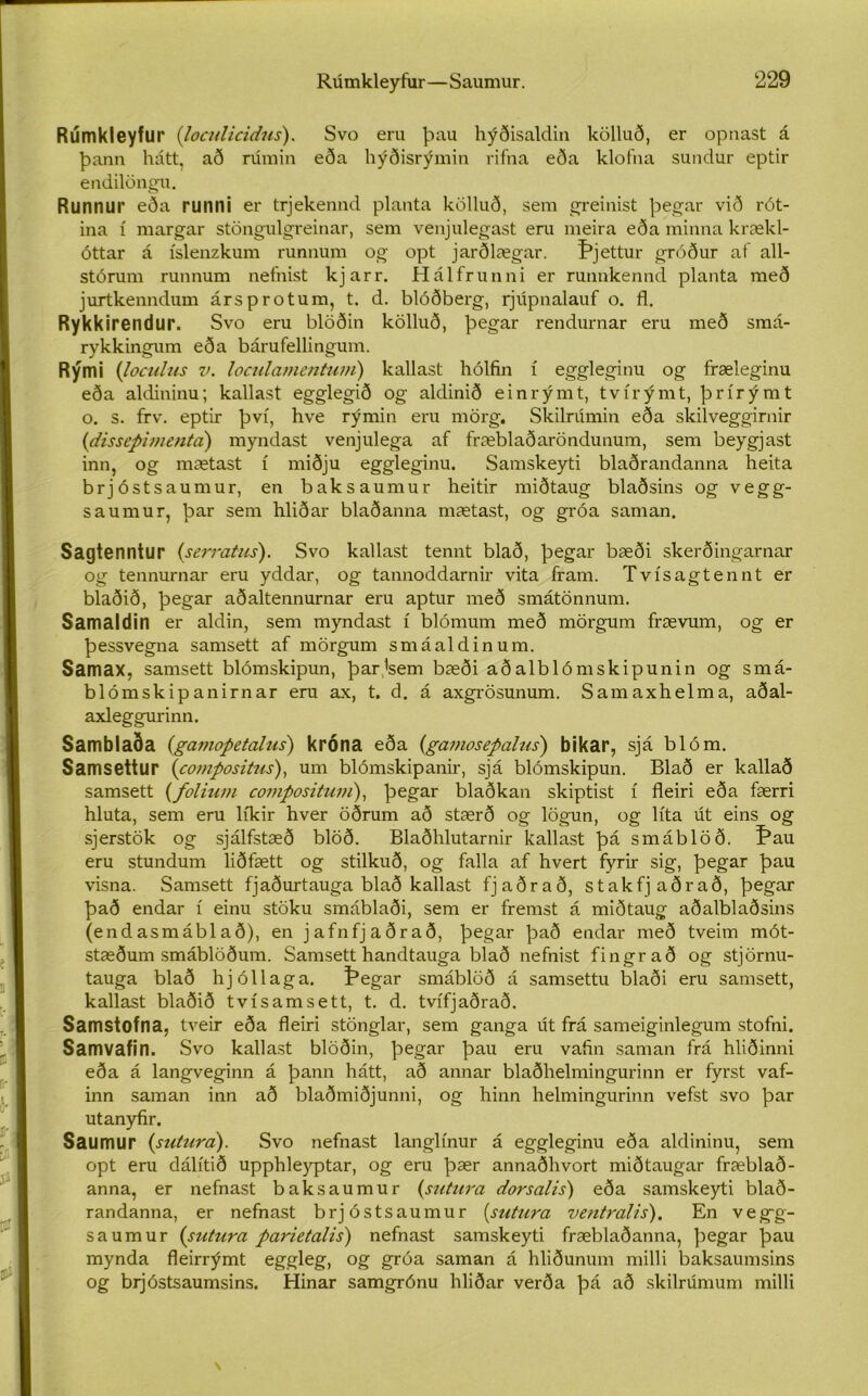 Rúmkleyfur (loctilicidus). Svo eru þau hýðisaldin kölluð, er opnast á þann hátt, að rúmin eða hýðisrýmin rifna eða klofna sundur eptir endilöngu. Runnur eða runni er trjekennd planta kölluð, sem greinist þegar við rót- ina í margar stöngulgreinar, sem venjulegast eru meira eða minna krækl- óttar á íslenzkum runnum og opt jarðlægar. Þjettur gróður af all- stórum runnum nefnist kjarr. Hálfrunni er runnkennd planta með jurtkenndum ársprotum, t. d. blóðberg, rjúpnalauf o. fl. Rykkirendur. Svo eru blöðin kölluð, þegar rendurnar eru með smá- rykkingum eða bárufellingum. Rými (loculus v. loculamentuni) kallast hólfin í eggleginu og fræleginu eða aldininu; kallast egglegið og aldinið einrýmt, tvírýmt, þrírýmt o. s. frv. eptir því, hve rýmin eru mörg. Skilrúmin eða skilveggirnir (dissepimenta) myndast venjulega af fræblaðaröndunum, sem beygjast inn, og mætast í miðju eggleginu. Samskeyti blaðrandanna heita brjóstsaumur, en baksaumur heitir miðtaug blaðsins og vegg- saumur, þar sem hliðar blaðanna mætast, og gróa saman. Sagtenntur (serratus). Svo kallast tennt blað, þegar bæði skerðingarnar og tennurnar eru yddar, og tannoddarnir vita fram. Tvísagtennt er blaðið, þegar aðaltennurnar eru aptur með smátönnum. Samaldin er aldin, sem myndast í blómum með mörgum frævum, og er þessvegna samsett af mörgum smáaldinum. Samax, samsett blómskipun, þarjsem bæði aðalblómskipunin og smá- blómskipanirnar eru ax, t. d. á axgrösunum. Samaxhelma, aðal- axleggurinn. Samblaða {gamopetalus') króna eða (gamosepalus) bikar, sjá blóm. Samsettur (compositus), um blómskipanir, sjá blómskipun. Blað er kallað samsett (folium composituvi), þegar blaðkan skiptist í fleiri eða færri hluta, sem eru líkir hver öðrum að stærð og lögun, og líta út eins og sjerstök og sjálfstæð blöð. Blaðhlutarnir kallast þá smáblöð. Þau eru stundum liðfætt og stilkuð, og falla af hvert fyrir sig, þegar þau visna. Samsett fjaðurtauga blað kallast fjaðrað, stakfjaðrað, þegar það endar í einu stöku smáblaði, sem er fremst á miðtaug aðalblaðsins (endasmáblað), en jafnfjaðrað, þegar það endar með tveim mót- stæðum smáblöðum. Samsett handtauga blað nefnist fingrað og stjörnu- tauga blað hjóllaga. tegar smáblöð á samsettu blaði eru samsett, kallast blaðið tvísamsett, t. d. tvífjaðrað. Samstofna, tveir eða fleiri stönglar, sem ganga út frá sameiginlegum stofni. Samvafin. Svo kallast blöðin, þegar þau eru vafin saman frá hliðinni eða á langveginn á þann hátt, að annar blaðhelmingurinn er fyrst vaf- inn saman inn að blaðmiðjunni, og hinn helmingurinn vefst svo þar utanyfir. Saumur (sutura). Svo nefnast langlínur á eggleginu eða aldininu, sem opt eru dálítið upphlej'ptar, og eru þær annaðhvort miðtaugar fræblað- anna, er nefnast baksaumur (szdura dorsalis) eða samskeyti blað- randanna, er nefnast brjóstsaumur (sutura ventralis). En veg~g- saumur (sutura parietalis) nefnast samskeyti fræblaðanna, þegar þau mynda fleirrýmt eggleg, og gróa saman á hliðunum milli baksaumsins og brjóstsaumsins. Hinar samgrónu hliðar verða þá að skilrúmum milli