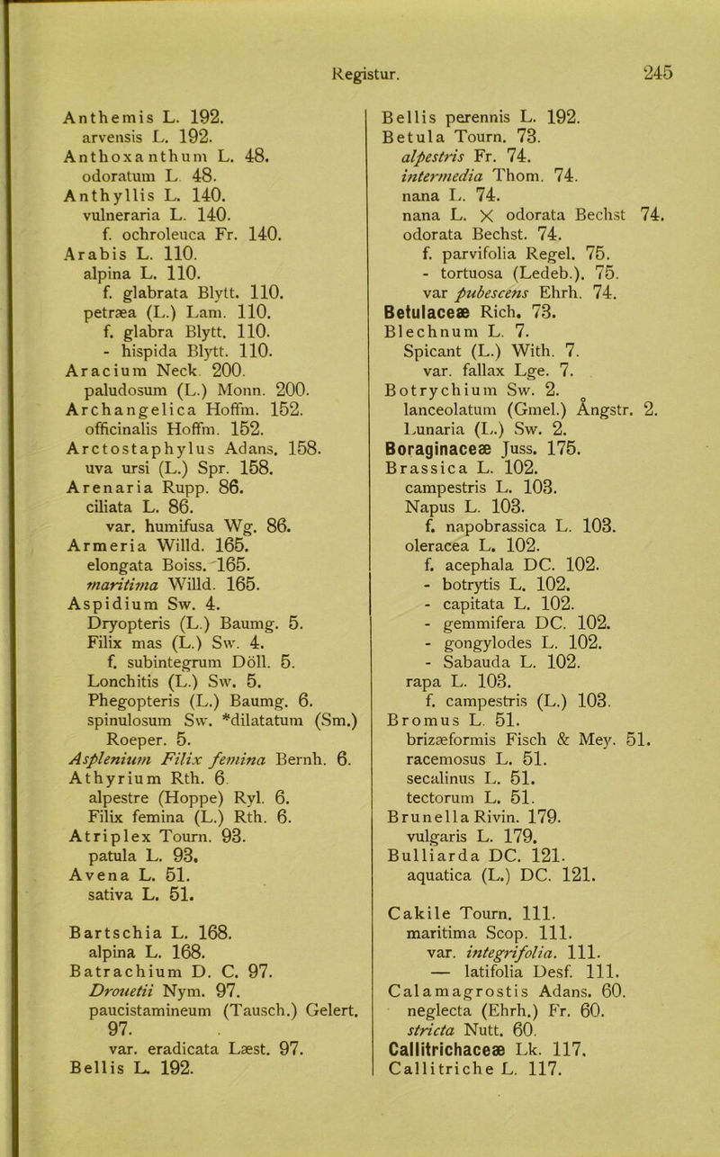 Anthemis L. 192. arvensis L. 192. Anthoxanthum L. 48. odoratum L 48. Anthyllis L. 140. vulneraria L. 140. f. ochroleuca Fr. 140. Arabis L. 110. alpina L. 110. f. glabrata Blytt. 110. petræa (L.) Lam. 110. f. glabra Blytt. 110. - hispida Bl)rtt. 110. Aracium Neck 200. paludosum (L.) Monn. 200. Archangelica Hofifm. 152. officinalis Hoffm. 152. Arctostaphylus Adans. 158. uva ursi (L.) Spr. 158. Arenaria Rupp. 86. ciliata L. 86. var. humifusa Wg. 86. Armeria Willd. 165. elongata Boiss.'165. maritima Willd. 165. Aspidium Sw. 4. Dryopteris (L.) Baumg. 5. Filix mas (L.) Sw. 4. f. subintegrum Döll. 5. Lonchitis (L.) Sw. 5. Phegopteris (L.) Baumg. 6. spinulosum Sw. *dilatatum (wSm.) Roeper. 5. Aspleniutn Filix femina Bernh. 6. Athyrium Rth. 6 alpestre (Hoppe) Ryl. 6. Filix femina (L.) Rth. 6. Atriplex Tourn. 93. patula L. 93. Avena L. 51. sativa L. 51. Bartschia L. 168. alpina L. 168. Batrachium D. C. 97. Drottetii Nym. 97. paucistamineum (Tausch.) Gelert. 97. var. eradicata Læst. 97. Bellis L. 192. Bellis perennis L. 192. Betula Tourn. 73. alpestris Fr. 74. intermedia Thom. 74. nana L. 74. nana L. X odorata Bechst 74. odorata Bechst. 74. f. parvifolia Regel. 75. - tortuosa (Ledeb.). 75. var pubescens Ehrh. 74. Betulaceæ Rich. 73. Blechnum L. 7. Spicant (L.) With. 7. var. fallax Lge. 7. Botrychium Sw. 2. lanceolatum (Gmel.) Angstr. 2. Lunaria (L.) Í5w. 2. Boraginaceæ Juss. 175. Brassica L. 102. campestris L. 103. Napus L. 103. f. napobrassica L. 103. oleracea L. 102. f. acephala DC. 102. - botrytis L. 102. - capitata L. 102. - gemmifera DC. 102. - gongylodes L. 102. - Sabauda L. 102. rapa L. 103. f. campestris (L.) 103. Bromus L. 51. brizæformis Fisch & Mey. 51. racemosus L. 51. secalinus L. 51. tectorum L. 51. Brunella Rivin. 179. vulgaris L. 179. Bulliarda DC. 121. aquatica (L.) DC. 121. Cakile Tourn. 111. maritima Scop. 111. var. integrifolia. 111. - latifolia Desf. 111. Calamagrostis Adans. 60. neglecta (Ehrh.) Fr. 60. stricta Nutt. 60. Callitrichaceæ Lk. 117, Callitriche L. 117.