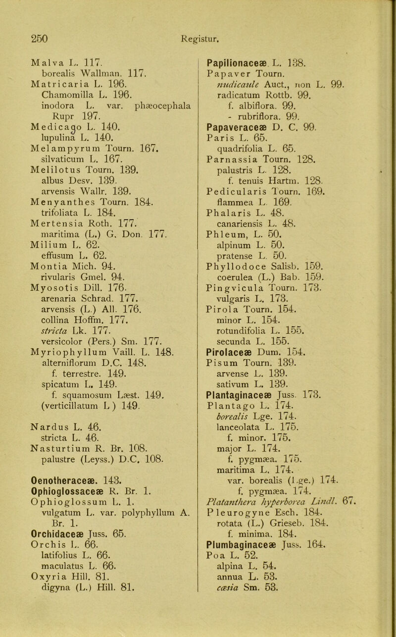 Malva L. 117. borealis Wallman. 117. Matricaria L. 196. Chamomilla L. 196. inodora L. var. phæocephala Rupr 197. Medicago L. 140. lupulina L. 140. Melampyrum Tourn. 167. silvaticum L. 167. Melilotus Tourn. 139. albus Desv. 139. arvensis Wallr. 139. Menyanthes Tourn. 184. trifoliata L. 184. Mertensia Roth. 177. maritima (L.) G. Don. 177. Milium L. 62. effusum L. 62. Montia Mich. 94. rivularis Gmel. 94. Myosotis Dill. 176- arenaria Schrad. 177. arvensis (L.) All. 176. collina Hoffm. 177. stricta Lk. 177. versicolor (Pers.) Sm. 177. Myriophyllum Vaill. L. 148. alterniflorum D.C. 148. f. terrestre. 149. spicatum L. 149. f. squamosum Læst. 149. (verticillatum L ) 149. Nardus L. 46. stricta L. 46. Nasturtium R. Br. 108. palustre (Leyss.) D.C. 108. Oenotheraceæ. 143. Ophioglossaceæ R. Br. 1. Ophioglossum L. 1. vulgatum L. var. polyphyllum A. Br. 1. Orchidaceæ Juss. 65. Orchis L. 66. latifolius L. 66. maculatus L. 66. Oxyria Hill. 81. digyna (L.) Hill. 81. Papilionaceæ L. 138. Papaver Tourn. nudicaule Auct., non L. 99. radicatum Rottb. 99. f. albiflora. 99. - rubriflora. 99. Papaveraceæ D. C. 99. Paris L. 65. quadrifolia L. 65. Parnassia Tourn. 128. palustris L. 128. f. tenuis Hartm. 128. Pedicularis Tourn. 169. flammea L. 169. Phalaris L. 48. canariensis L. 48. Phleum, L. 50. alpinum L. 50. pratense L. 50. Phyllodoce Salisb. 159. coerulea (L.) Bab. 159. Pingvicula Tourn. 173. vulgaris L. 173. Pirola Tourn. 154. minor L. 154. rotundifolia L. 155. secunda L. 155. Pirolaceæ Dum. 154. Pisum Tourn. 139. arvense L. 139. sativum L. 139. Plantaginaceæ Juss. 173. Plantago L. í74. borealis Lge. 174. lanceolata L. 175. f. minor. 175. major L. 174. f. pygmæa. 175. maritima L. 174. var. borealis (Lge.) 174. f. pygmæa. 174. Platanthera kyperborea Lindl. 6 Pleurogyne Esch. 184. rotata (L.) Grieseb. 184. f. minima. 184. Plumbaginaceæ Juss. 164. Poa L. 52. alpina L. 54. annua L. 53. cœsia Sm. 53.
