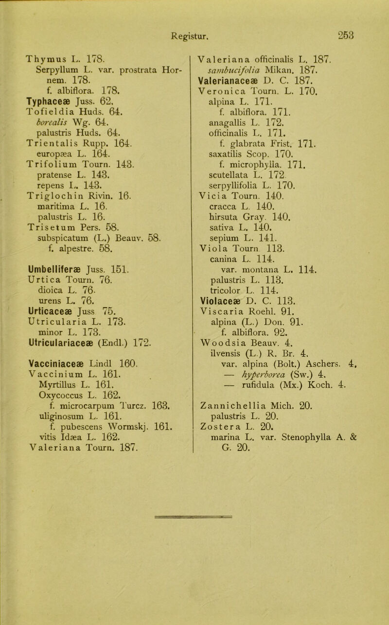 Thymus L. 178. Serpyllum L. var. prostrata Hor- nem. 178. f. albiflora. 178. Typhaceæ Juss. 62. Tofieldia Huds. 64. borealis Wg. 64. palustris Huds. 64. Trientalis Rupp. 164. europæa L. 164. Trifolium Tourn. 143. pratense L. 143. repens 1« 143. Triglochin Rivin. 16. maritima L. 16. palustris L. 16. Trisetum Pers. 58. subspicatum (L.) Beauv. 58. f. alpestre. 58. Umbelliferæ Juss. 151. Urtica Tourn. 76. dioica L. 76- urens L. 76. Urticaceæ Juss 75. Utricularia L. 173. minor L. 173. Utriculariaceæ (Endl.) 172. Vacciniaceæ Lindl 160. Vaccinium L. 161. Myrtillus L. 161. Oxycoccus L. 162. f. microcarpum Turcz. 163. uliginosum L. 161. f. pubescens Wormskj. 161. vitis Idæa L. 162. Valeri an a Tourn. 187. Valeriana officinalis L. 187. sambucifolia Mikan. 187. Valerianaceæ D. C. 187. Veronica Tourn. L. 170. alpina L. 171. f. albiflora. 171. anagallis L. 172. officinalis L. 171. f. glabrata Frist. 171. saxatilis Scop. 170. f. microphylla. 171. scutellata L. 172. serpyllifolia L. 170. Vicia Tourn. 140. cracca L. 140. hirsuta Gray. 140. sativa L. 140. sepium L. 141. Viola Tourn 113. canina L. 114. var. montana L. 114. palustris L. 113. tricolor L. 114. Violaceæ D. C. 113. Viscaria Roehl. 91. alpina (L.) Don. 91. f. albiflora. 92. Woodsia Beauv. 4. ilvensis (L.) R. Br. 4. var, alpina (Bolt.) Aschers. 4, — liyperborea (Sw.) 4, — rufidula (Mx.) Koch. 4. Zannichellia Mich. 20. palustris L. 20. Zostera L. 20. marina L. var. Stenophylla A. Sc G. 20.