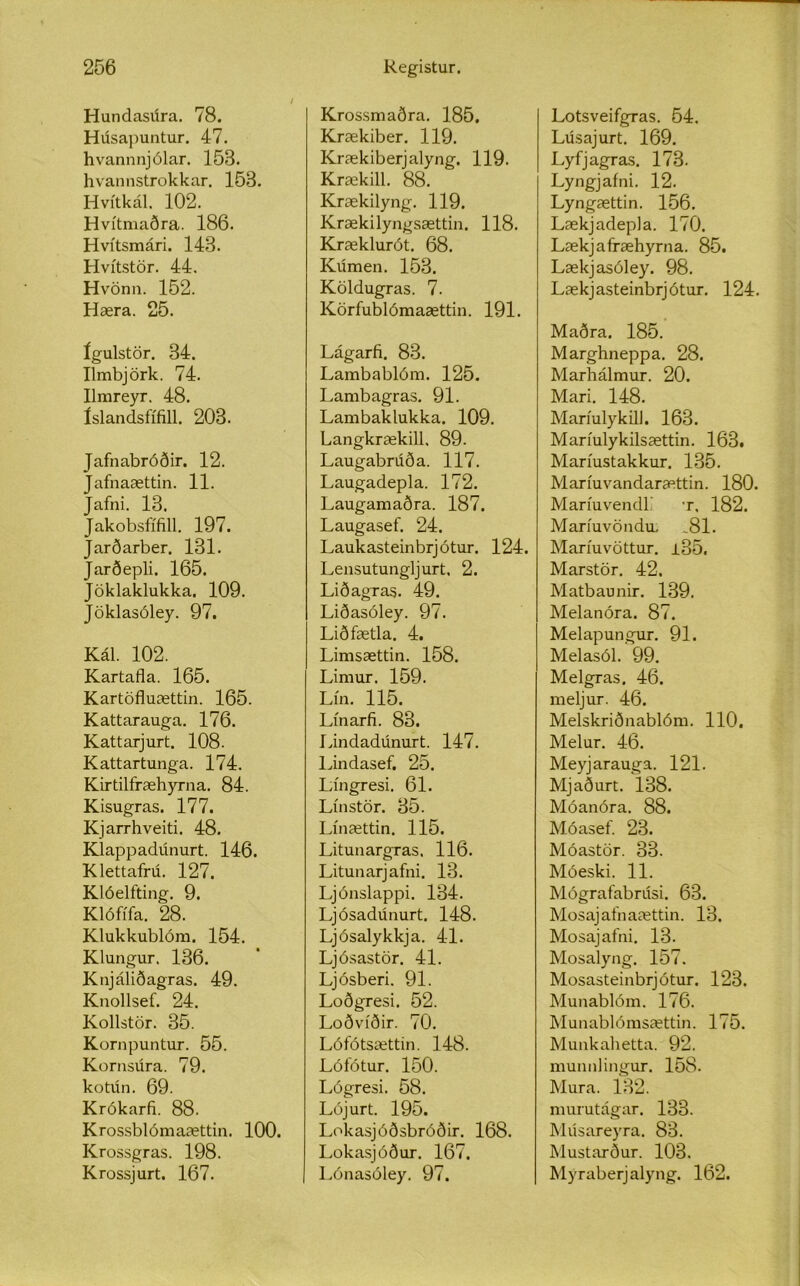 Hundasdra. 78. Húsapuntur. 47. hvannnjólar. 153. hvannstrokkar. 153. Hvítkál. 102. Hvítmaðra. 186. Hvítsmári. 143. Hvítstör. 44. Hvönn. 152. Hæra. 25. ígulstör. 34. Ilmbjörk. 74. Ilmreyr. 48. Íslandsfífill. 203. Jafnabróðir. 12. Jafnaættin. 11. Jafni. 13. Jakobsfífill. 197. Jarðarber. 131. Jarðepli. 165. Jöklaklukka. 109. Jöklasóley. 97. Kál. 102. Kartafla. 165. Kartöfluættin. 165. Kattarauga. 176. Kattarjurt. 108. Kattartunga. 174. Kirtilfræhyrna. 84. Kisugras. 177. Kjarrhveiti. 48. Klappadúnurt. 146. Klettafrú. 127. Klóelfting. 9. Klófífa. 28. Klukkublóm. 154. Klungur. 136. Knjáliðagras. 49. Knollsef. 24. Kollstör. 35. Kornpuntur. 55. Kornsúra. 79. kotún. 69. Krókarfi. 88. Krossblómaættin. 100. Krossgras. 198. Krossmaðra. 185. Krækiber. 119. Krækiberjalyng. 119. Krækill. 88. Krækilyng. 119. Krækilyngsættin. 118. Kræklurót. 68. Kúmen. 153. Köldugras. 7. Körfublómaættin. 191. Lágarfi. 83. Lambablóm. 125. Lambagras. 91. Lambaklukka. 109. Langkrækill. 89. Laugabrúða. 117. Laugadepla. 172. Laugamaðra. 187. Laugasef. 24. Laukasteinbrjótur. 124. Lensutungljurt. 2. Liðagras. 49. Liðasóley. 97. Liðfætla. 4. Limsættin. 158. Limur. 159. Lín. 115. Línarfi. 83. Lindadúnurt. 147. lándasef. 25. Língresi. 61. Línstör. 35. Línættin. 115. Litunargras. 116. Litunarjafni. 13. Ljónslappi. 134. Ljósadúnurt. 148. Ljósalykkja. 41. Ljósastör. 41. Ljósberi. 91. Loðgresi. 52. Loðvíðir. 70. Lófótsættin. 148. Lófótur. 150. Lógresi. 58. Lójurt. 195. Lokasjóðsbróðir. 168. Lokasjóður. 167. Lotsveifgras. 54. Lúsajurt. 169. I.yfjagras. 173. Lyngjafni. 12. Lyngættin. 156. Lækjadepla. 170. Lækjafræhyrna. 85. Lækjasóley. 98. Lækjasteinbrjótur. 124. Maðra. 185. Marghneppa. 28. Marhálmur. 20. Mari. 148. Maríulykill. 163. Maríulykilsættin. 163. Maríustakkur. 135. Maríuvandarættin. 180. Maríuvendl -r, 182. Maríuvöndu. .81. Maríuvöttur. i35. Marstör. 42. Matbaunir. 139. Melanóra. 87. Melapungur. 91. Melasól.' 99. Melgras. 46. meljur. 46. Melskriðnablóm. 110. Melur. 46. Meyjarauga. 121. Mjaðurt. 138. Móanóra. 88. Móasef. 23. Móastör. 33. Móeski. 11. Mógrafabrúsi. 63. Mosajafnaættin. 13. Mosajafni. 13. Mosalyng. 157. Mosasteinbrjótur. 123. Munablóm. 176. Munablómsættin. 175. Munkahetta. 92. munnlingur. 158. Mura. 132. murutágar. 133. Músareyra. 83. INlustarður. 103.