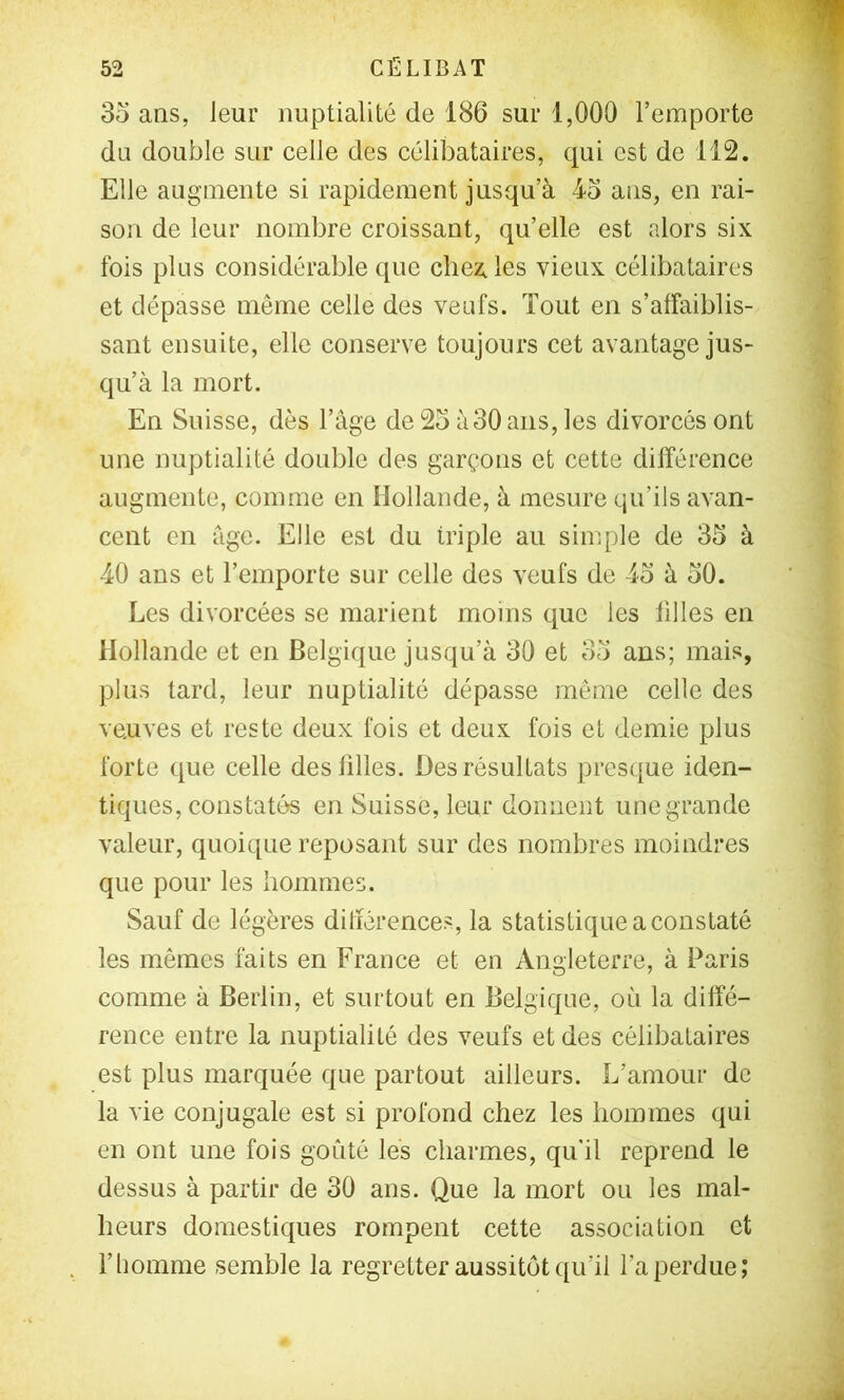 3o ans, leur nuptialité de 186 sur 1,000 l’emporte du double sur celle des célibataires, qui est de 112. Elle augmente si rapidement jusqu’à 45 ans, en rai- son de leur nombre croissant, qu’elle est alors six fois plus considérable que chez, les vieux célibataires et dépasse même celle des veufs. Tout en s’affaiblis- sant ensuite, elle conserve toujours cet avantage jus- qu’à la mort. En Suisse, dès l’âge de 25 à30 ans, les divorcés ont une nuptialité double des garçons et cette différence augmente, comme en Hollande, à mesure qu’ils avan- cent en âge. Elle est du triple au simple de 35 à 40 ans et l’emporte sur celle des veufs de 45 à 50. Les divorcées se marient moins que les tilles en Hollande et en Belgique jusqu’à 30 et 35 ans; mais, plus tard, leur nuptialité dépasse même celle des veuves et reste deux fois et deux fois et demie plus forte que celle des tilles. Des résultats presque iden- tiques, constatés en Suisse, leur donnent une grande valeur, quoique reposant sur des nombres moindres que pour les hommes. Sauf de légères ditiérences, la statistique a constaté les mêmes faits en France et en Angleterre, à Paris comme à Berlin, et surtout en Belgique, où la diffé- rence entre la nuptialité des veufs et des célibataires est plus marquée que partout ailleurs. L’amour de la vie conjugale est si profond chez les hommes qui en ont une fois goûté les charmes, qu'il reprend le dessus à partir de 30 ans. Que la mort ou les mal- heurs domestiques rompent cette association et l’homme semble la regretter aussitôt qu’il l’a perdue;