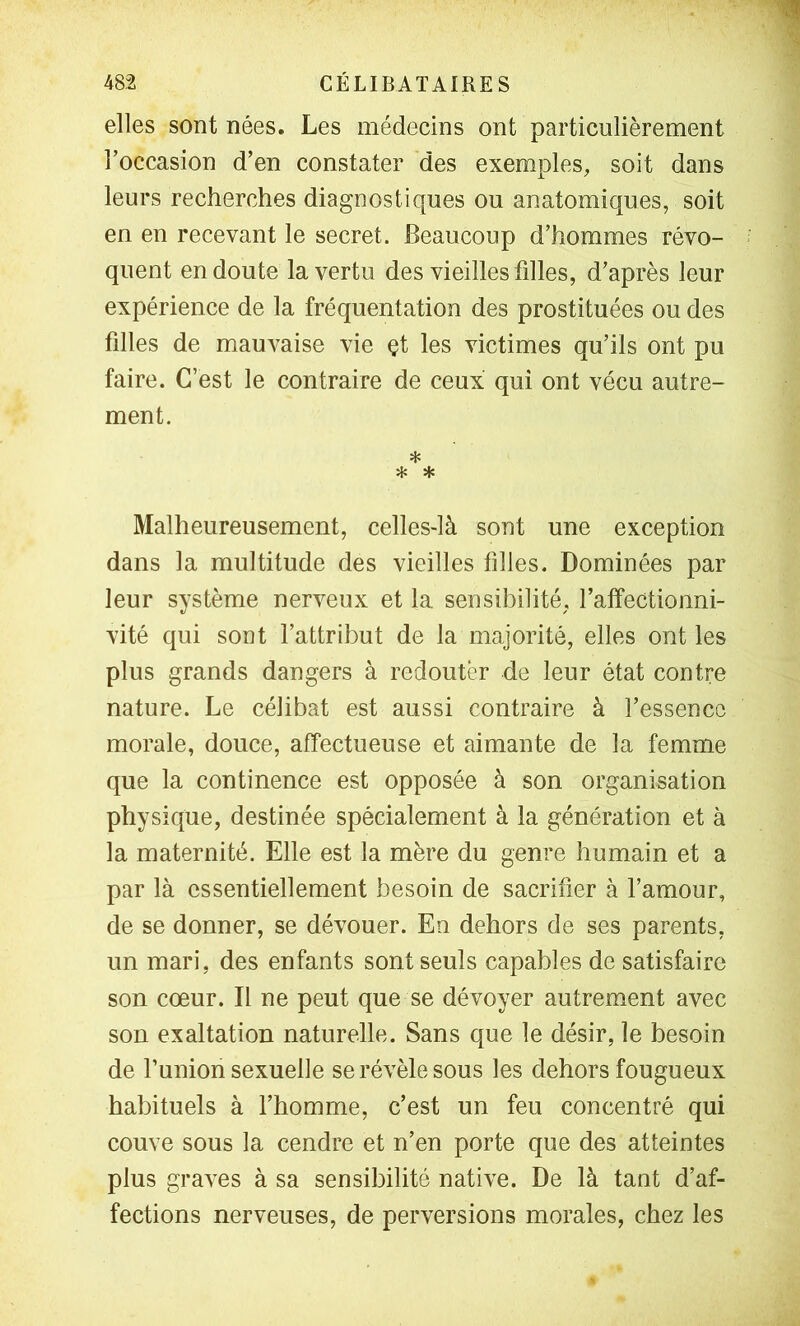 elles sont nées. Les médecins ont particulièrement Toccasion d’en constater des exemples^ soit dans leurs recherches diagnostiques ou anatomiques, soit en en recevant le secret. Beaucoup d’hommes révo- quent en doute la vertu des vieilles filles, d’après leur expérience de la fréquentation des prostituées ou des filles de mauvaise vie çt les victimes qu’ils ont pu faire. C’est le contraire de ceux qui ont vécu autre- ment. * * * Malheureusement, celles-là sont une exception dans la multitude des vieilles filles. Dominées par leur système nerveux et la sensibilité, l’affectionni- vité qui sont l’attribut de la majorité, elles ont les plus grands dangers à redouter de leur état contre nature. Le célibat est aussi contraire à l’essence morale, douce, affectueuse et aimante de la femme que la continence est opposée à son organisation physique, destinée spécialement à la génération et à la maternité. Elle est la mère du genre humain et a par là essentiellement besoin de sacrifier à l’amour, de se donner, se dévouer. En dehors de ses parents, un mari, des enfants sont seuls capables de satisfaire son cœur. Il ne peut que se dévoyer autrement avec son exaltation naturelle. Sans que le désir, le besoin de l’union sexuelle se révèle sous les dehors fougueux habituels à fhomme, c’est un feu concentré qui couve sous la cendre et n’en porte que des atteintes plus graves à sa sensibilité native. De là tant d’af- fections nerveuses, de perversions morales, chez les