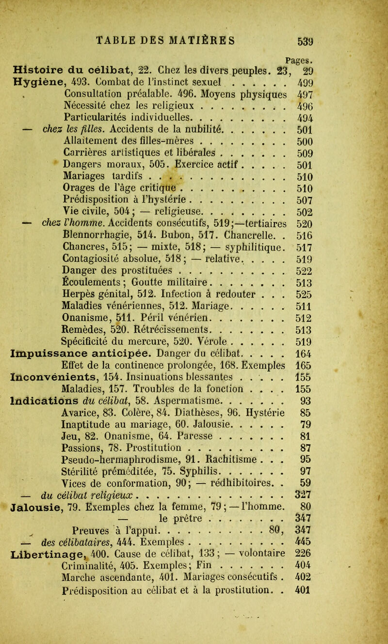 Pages. Histoire du célibat, 22. Chez les divers peuples. 23, 29 Hygiène, 493. Combat de l’instinct sexuel 499 . Consultation préalable. 496. Moyens physiques 497 Nécessité chez les religieux 496 Particularités individuelles 494 — chez les filles. Accidents de la nubilité 501 Allaitement des filles-mères 500 Carrières artistiques et libérales 509 Dangers moraux, 505. Exercice actif 501 Mariages tardifs 510 Orages de l’àge critique 510 Prédisposition à l’hystérie 507 Vie civile, 504 ; — religieuse 502 — c/ies Z’/îomme. Accidents consécutifs, 519;—tertiaires 520 Blennorrhagie, 514. Bubon, 517. Chancrelle. . 516 Chancres, 515; — mixte, 518; — syphilitique. 517 Contagiosité absolue, 518; —relative. .... 519 Danger des prostituées 522 Écoulements ; Goutte militaire 513 Herpès génital, 512. Infection à redouter . . . 525 Maladies vénériennes, 512. Mariage 511 Onanisme, 511. Péril vénérien 512 Remèdes, 520. Rétrécissements 513 Spécificité du mercure, 520. Vérole 519 Impuissance anticipée. Danger du célibat. .... 164 Effet de la continence prolongée, 168. Exemples 165 Inconvénients, 154. Insinuations blessantes ..... 155 Maladies, 157. Troubles de la fonction .... 155 Indications du célibat, 58. Aspermatisme 93 Avarice, 83. Colère, 84. Diathèses, 96. Hystérie 85 Inaptitude au mariage, 60. Jalousie 79 Jeu, 82. Onanisme, 64. Paresse 81 Passions, 78. Prostitution 87 Pseudo-hermaphrodisme, 91. Rachitisme ... 95 Stérilité préméditée, 75. Syphilis 97 Vices de conformation, 90; — rédhibitoires. . 59 — du célibat religieux 327 Jalousie, 79. Exemples chez la femme, 79; —l’homme. 80 — le prêtre . 347 ^ Preuves à l’appui 80, 347 — des célibataires, 444. Exemples 445 Libertinage, 400. Cause de célibat, 133 ; — volontaire 226 Criminalité, 405. Exemples ; Fin 404 Marche ascendante, 401. Mariages consécutifs . 402 Prédisposition au célibat et à la prostitution. . 401