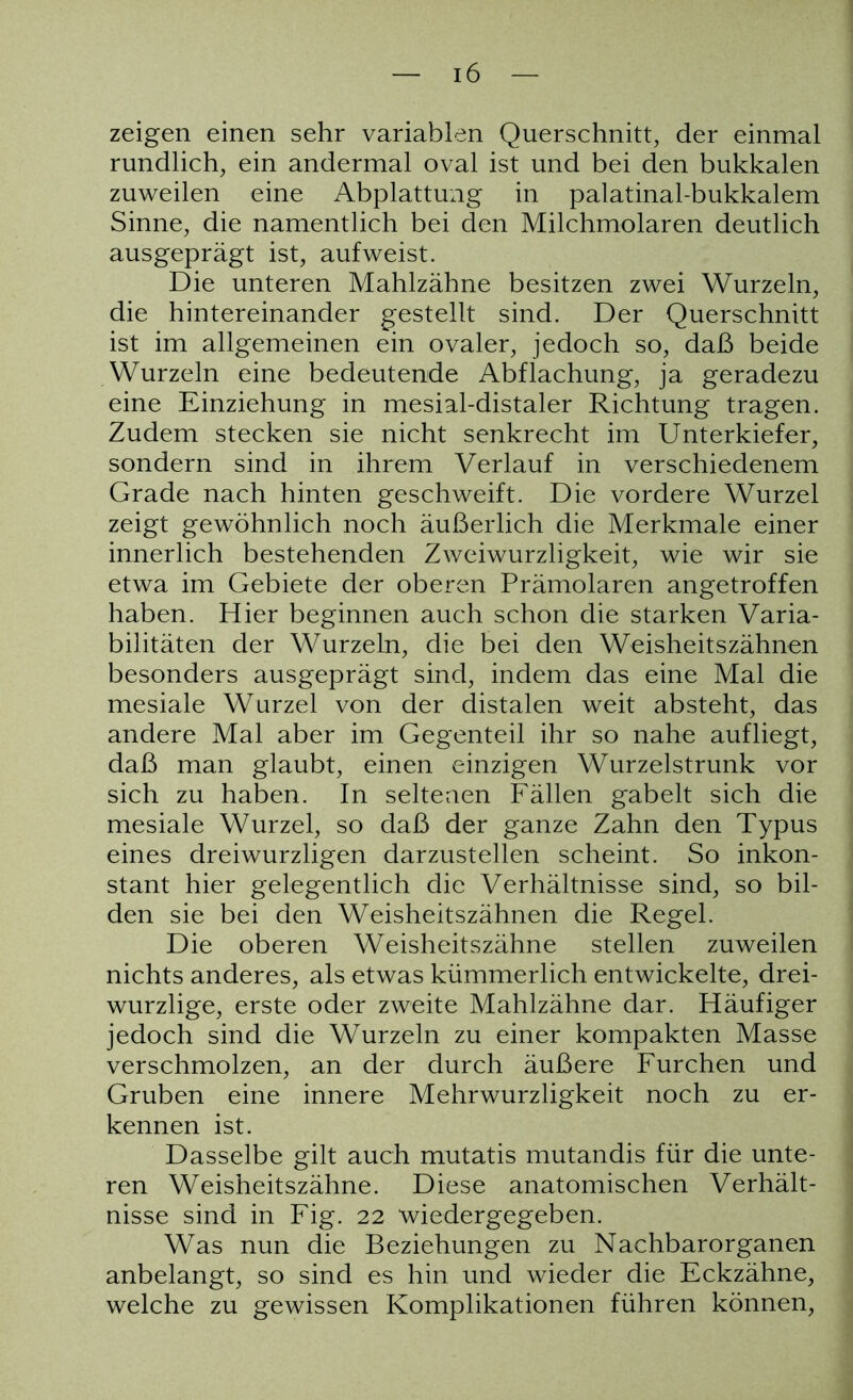 zeigen einen sehr variablen Querschnitt, der einmal rundlich, ein andermal oval ist und bei den bukkalen zuweilen eine Abplattung in palatinal-bukkalem Sinne, die namentlich bei den Milchmolaren deutlich ausgeprägt ist, aufweist. Die unteren Mahlzähne besitzen zwei Wurzeln, die hintereinander gestellt sind. Der Querschnitt ist im allgemeinen ein ovaler, jedoch so, daß beide Wurzeln eine bedeutende Abflachung, ja geradezu eine Einziehung in mesial-distaler Richtung tragen. Zudem stecken sie nicht senkrecht im Unterkiefer, sondern sind in ihrem Verlauf in verschiedenem Grade nach hinten geschweift. Die vordere Wurzel zeigt gewöhnlich noch äußerlich die Merkmale einer innerlich bestehenden Zweiwurzligkeit, wie wir sie etwa im Gebiete der oberen Prämolaren angetroffen haben. Hier beginnen auch schon die starken Varia- bilitäten der Wurzeln, die bei den Weisheitszähnen besonders ausgeprägt sind, indem das eine Mal die mesiale Wurzel von der distalen weit absteht, das andere Mal aber im Gegenteil ihr so nahe aufliegt, daß man glaubt, einen einzigen Wurzelstrunk vor sich zu haben. In seltenen Fällen gabelt sich die mesiale Wurzel, so daß der ganze Zahn den Typus eines dreiwurzligen darzustellen scheint. So inkon- stant hier gelegentlich die Verhältnisse sind, so bil- den sie bei den Weisheitszähnen die Regel. Die oberen Weisheitszähne stellen zuweilen nichts anderes, als etwas kümmerlich entwickelte, drei- wurzlige, erste oder zweite Mahlzähne dar. Häufiger jedoch sind die Wurzeln zu einer kompakten Masse verschmolzen, an der durch äußere Furchen und Gruben eine innere Mehrwurzligkeit noch zu er- kennen ist. Dasselbe gilt auch mutatis mutandis für die unte- ren Weisheitszähne. Diese anatomischen Verhält- nisse sind in Fig. 22 wiedergegeben. Was nun die Beziehungen zu Nachbarorganen anbelangt, so sind es hin und wieder die Eckzähne, welche zu gewissen Komplikationen führen können,