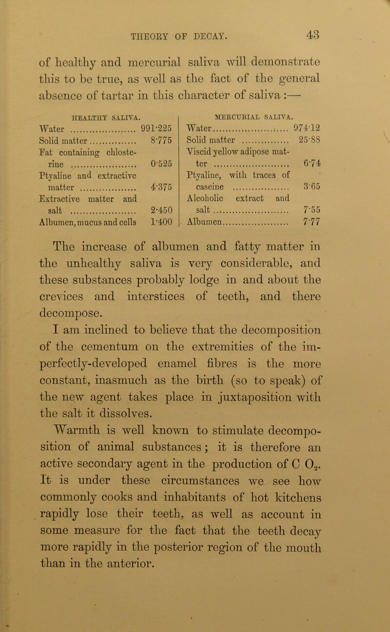 of healthy and mercurial saliva will demonstrate this to be true, as well as the fact of the general absence of tartar in this character of saliva :— nEALTHY SALIVA. Water 991*225 Solid matter 8*775 Fat containing chloste- rine 0*525 MERCURIAL SALIVA. Water :.... 974*12 Solid matter 25*88 Viscid yellow adipose mat- ter 6*74 Ptyaline and extractive matter 4*375 Ptyaline, with traces of caseine 3*65 Extractive matter and salt 2*450 Albumen, mucus and cells 1*400 Alcoholic extract and salt 7* 55 Albumen 7'77 The increase of albumen and fatty matter in the unhealthy saliva is very considerable, and these substances probably lodge in and about the crevices and interstices of teeth, and there decompose. I am inclined to believe that the decomposition of the cementum on the extremities of the im- perfectly-developed enamel fibres is the more constant, inasmuch as the birth (so to speak) of the new agent takes place in juxtaposition with the salt it dissolves. Warmth is well known to stimulate decompo- sition of animal substances ; it is therefore an active secondary agent in the production of C 02. It is under these circumstances we see how commonly cooks and inhabitants of hot kitchens rapidly lose their teeth, as well as account in some measure for the fact that the teeth decay more rapidly in the posterior region of the mouth than in the anterior.