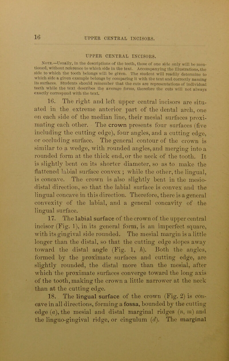 UPPER CENTRAL INCISORS. Note.—Usually, in the descriptions of the teeth, those of one side only will he men- tioned, without reference to which side in the text. Accompanying the illustrations, the side to which the tooth belongs will be given. The student will readily determine to which side a given example belongs by comparing it with the text and correctly naming its surfaces. Students should remember that the cuts are representations of individual teeth while the text describes the average forms, therefore the cuts will not always exactly correspond with the text. 16. The right and left upper central incisors are situ- ated in the extreme anterior part of the dental arch, one on each side of the median line, their mesial surfaces proxi- mating each other. The crown presents four surfaces (five including the cutting edge), four angles, and a cutting edge, or occluding surface. The general contour of the crown is similar to a wedge, with rounded angles, and merging into a rounded form at the thick end, or the neck of the tooth. It is slightly bent on its shorter diameter, so as to make the flattened labial surface convex ; while the other, the lingual, is concave. The crown is also slightly bent in the mesio- distal direction, so that the labial surface is convex and the lingual concave in this direction. Therefore, there is a general convexity of the labial, and a general concavity of the lingual surface. 17. The labial surface of the crowm of the upper central incisor (Fig. 1), in its general form, is an imperfect square, with its gingival side rounded. The mesial margin is a little longer than the distal, so that the cutting edge slopes away toward the distal angle (Fig. 1, li). Both the angles, formed by the proximate surfaces and cutting edge, are slightly rounded, the distal more than the mesial, after which the proximate surfaces converge toward the long axis of the tooth, making the crown a little narrower at the neck than at the cutting edge. 18. The lingual surface of the crown (Fig. 2) is con- cave in all directions, forming a fossa, bounded by the cutting edge (a), the mesial and distal marginal ridges (??, m) and the linguo-gingival ridge, or cingulum (d). The marginal