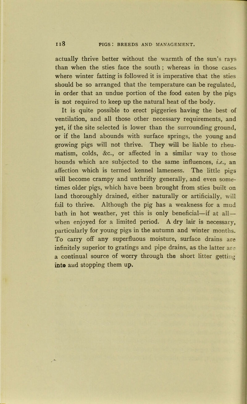 actually thrive better without the w'armth of the sun’s rays than when the sties face the south ; whereas in those cases where winter fatting is followed it is imperative that the sties should be so arranged that the temperature can be regulated, in order that an undue portion of the food eaten by the pigs is not required to keep up the natural heat of the body. It is quite possible to erect piggeries having the best of ventilation, and all those other necessary requirements, and yet, if the site selected is lower than the surrounding ground, or if the land abounds with surface springs, the young and growing pigs will not thrive. They will be liable to rheu- matism, colds, &c., or affected in a similar way to those hounds which are subjected to the same influences, i.e., an affection which is termed kennel lameness. The little pigs will become crampy and unthrifty generally, and even some- times older pigs, which have been brought from sties built on land thoroughly drained, either naturally or artificially, will fail to thrive. Although the pig has a weakness for a mud bath in hot weather, yet this is only beneficial—if at all— when enjoyed for a limited period. A dry lair is necessary, particularly for young pigs in the autumn and winter months. To carry off any superfluous moisture, surface drains are infinitely superior to gratings and pipe drains, as the latter are a continual source of worry through the short litter getting' into and stopping them up.